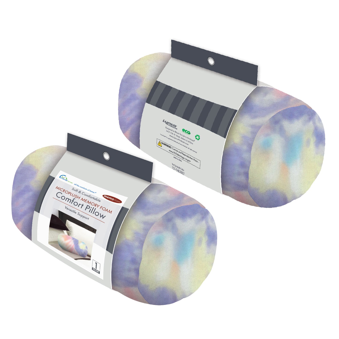 Packaged front and back view of the Memory Foam Roll Travel Pillow in Multicolor Tie Dye, which is made of ultra-soft rainbow pastel tie dye fabric.