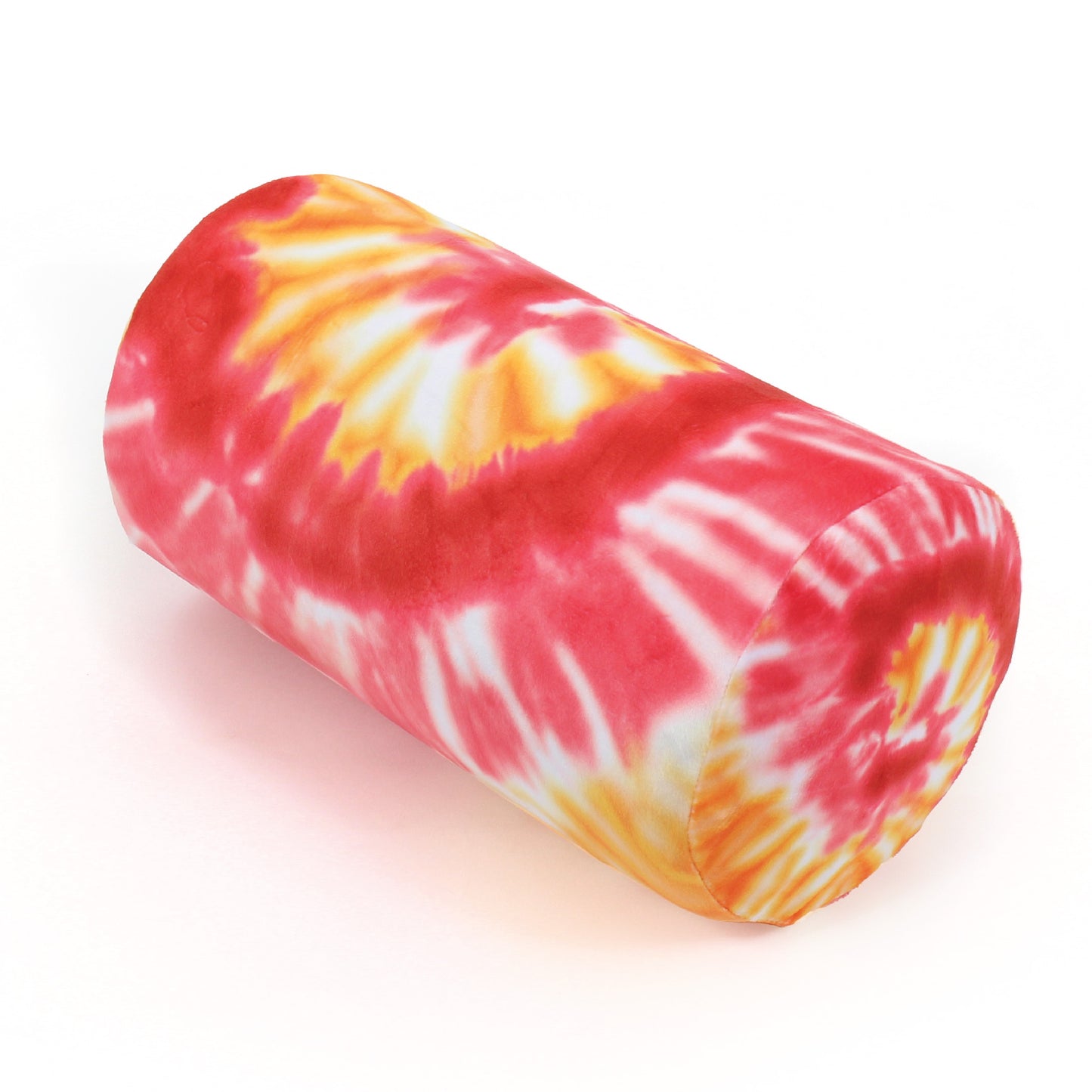 Front view of the Memory Foam Roll Travel Pillow in Red and Yellow Tie Dye, which is made of ultra-soft red, yellow, orange, and white tie dye fabric.