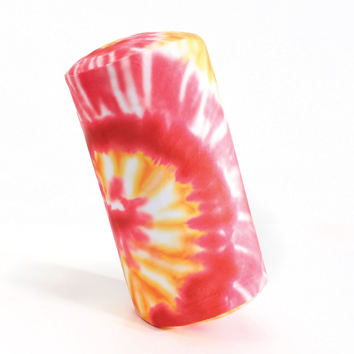Side view of the Memory Foam Roll Travel Pillow in Red and Yellow Tie Dye, which is made of ultra-soft red, yellow, orange, and white tie dye fabric.