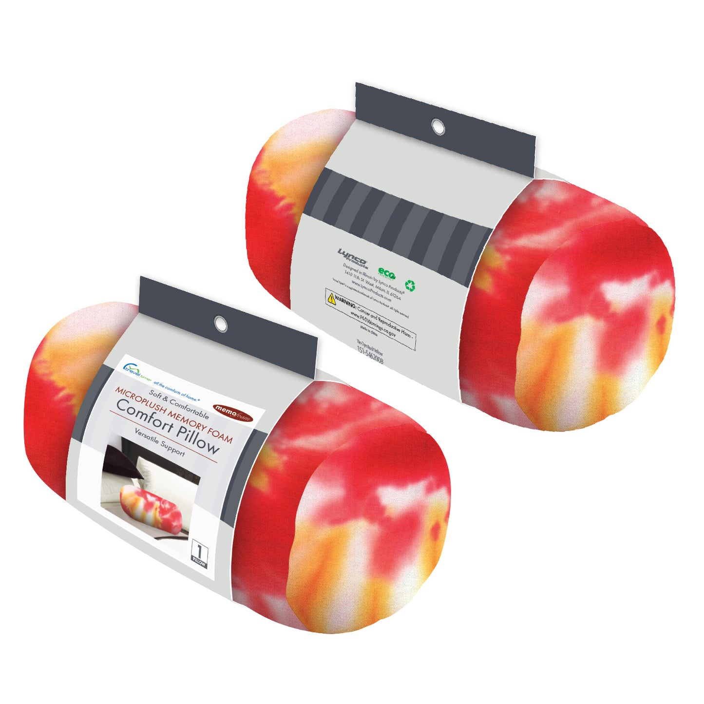 Packaged front and back view of the Memory Foam Roll Travel Pillow in Red and Yellow Tie Dye, which is made of ultra-soft red, yellow, orange, and white tie dye fabric.