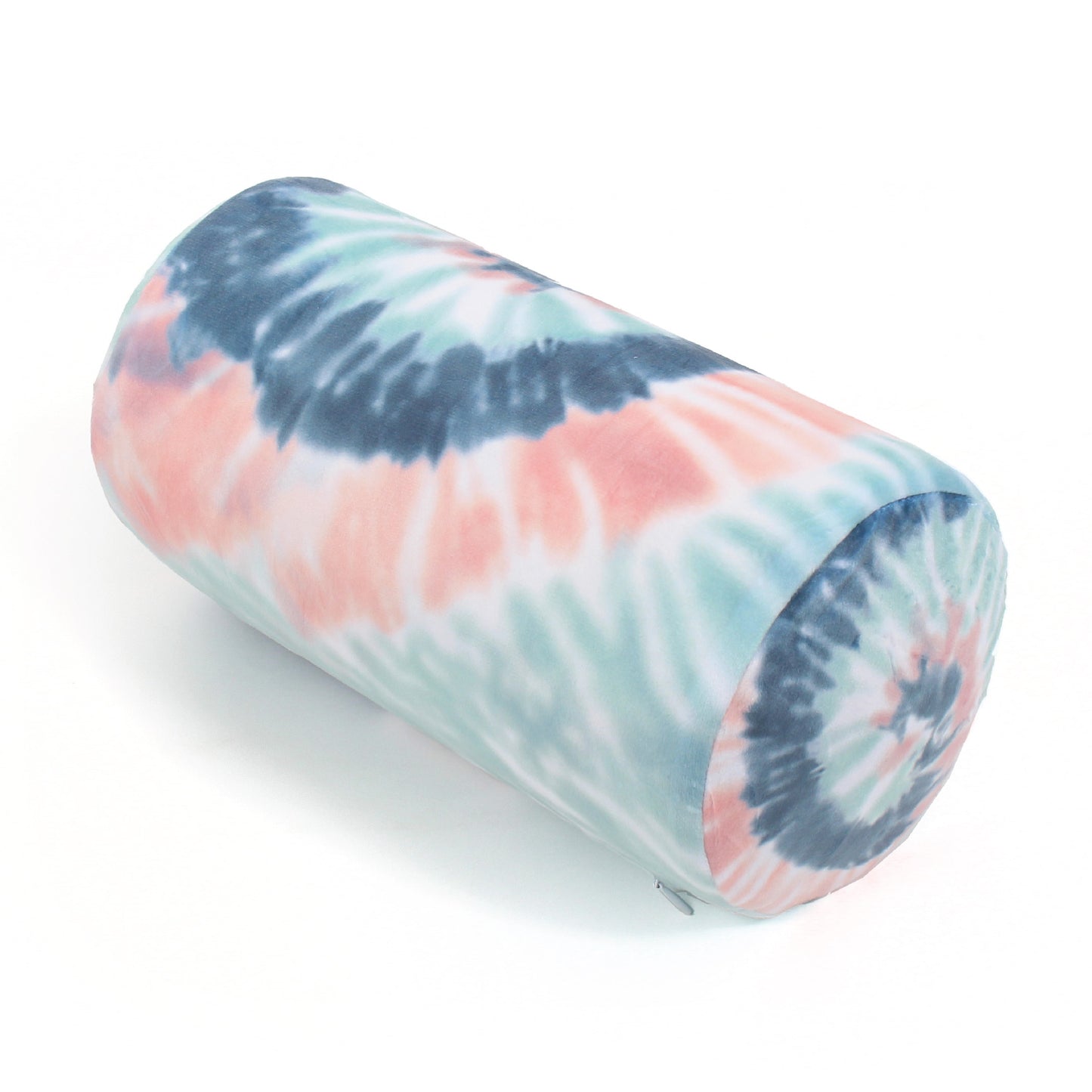 Front view of the Memory Foam Roll Travel Pillow in Peach and Gray Tie Dye, which is made of ultra-soft pink, gray, blue, teal, and white tie dye fabric.