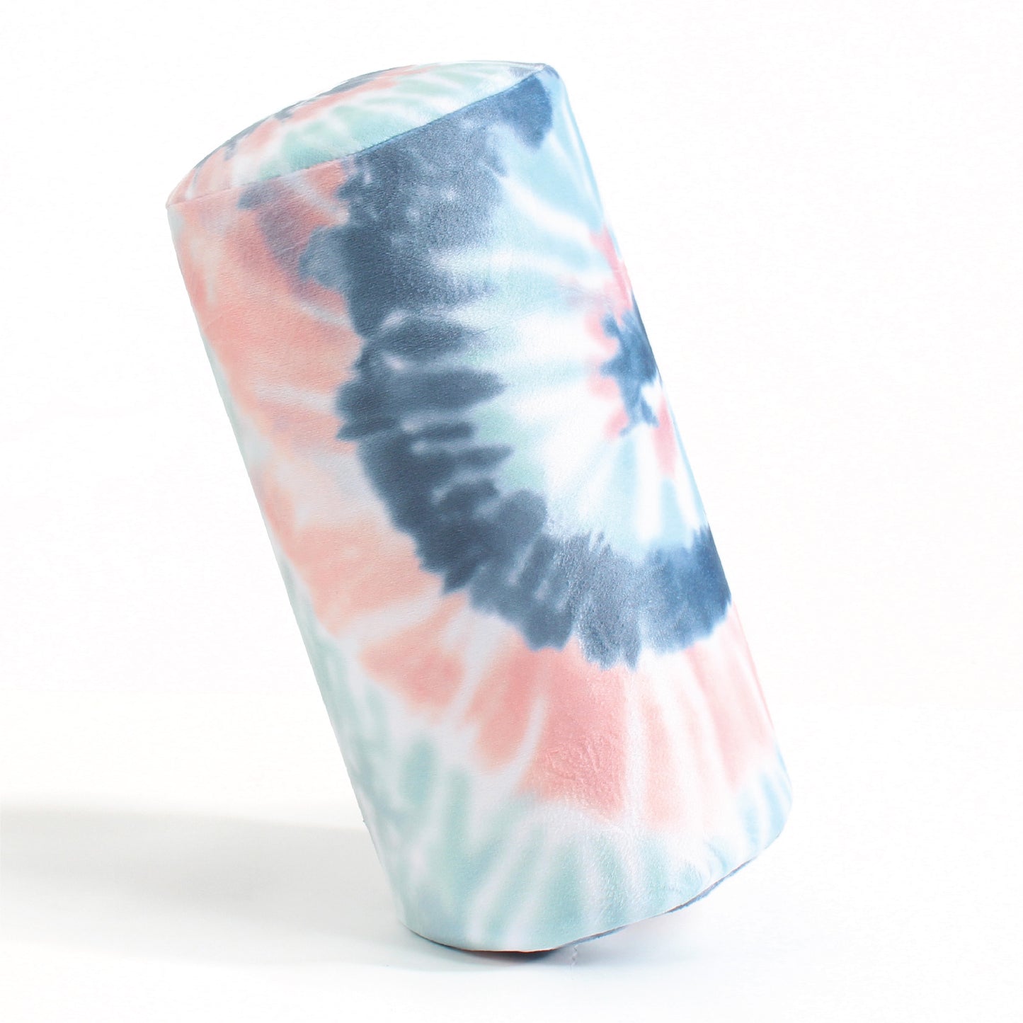 Side view of the Memory Foam Roll Travel Pillow in Peach and Gray Tie Dye, which is made of ultra-soft pink, gray, blue, teal, and white tie dye fabric.