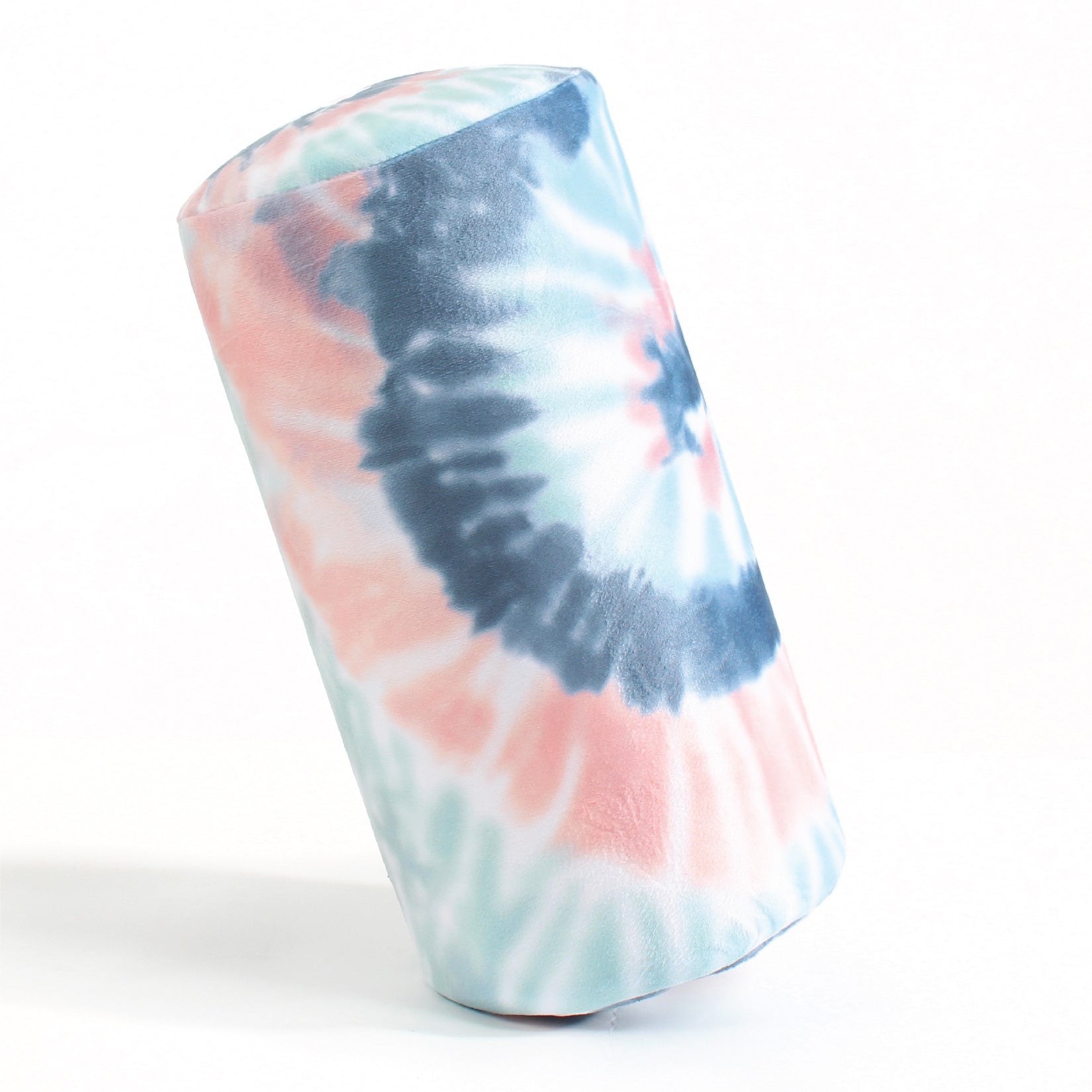 Side view of the Memory Foam Roll Travel Pillow in Peach and Gray Tie Dye, which is made of ultra-soft pink, gray, blue, teal, and white tie dye fabric.