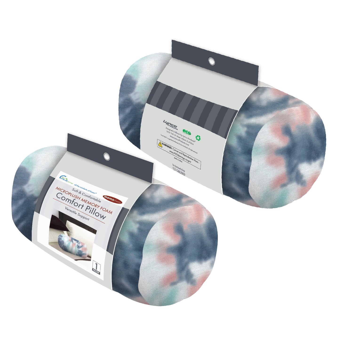 Packaged front and back view of the Memory Foam Roll Travel Pillow in Peach and Gray Tie Dye, which is made of ultra-soft pink, gray, blue, teal, and white tie dye fabric.