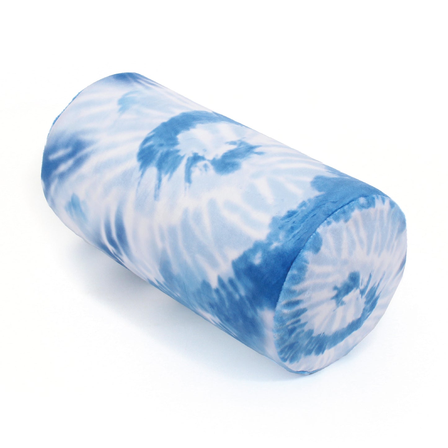 Front view of the Memory Foam Roll Travel Pillow in Sky Blue Tie Dye, which is made of ultra-soft blue, light blue, and white tie dye fabric.