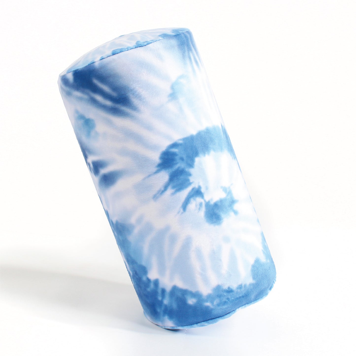 Side view of the Memory Foam Roll Travel Pillow in Sky Blue Tie Dye, which is made of ultra-soft blue, light blue, and white tie dye fabric.