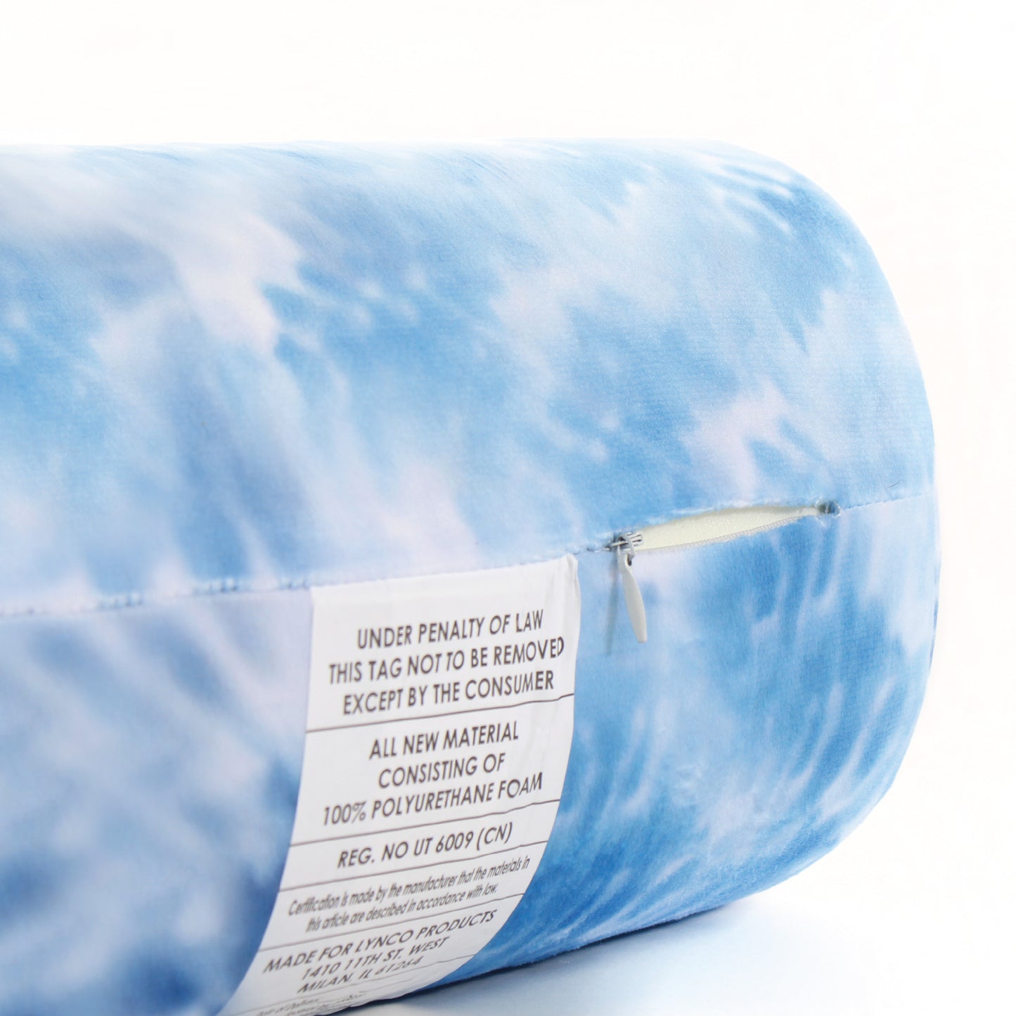 Close up view of the zipper opening on the Memory Foam Roll Travel Pillow in Sky Blue Tie Dye, which is exposing the plush interior inside the pillow's cover.