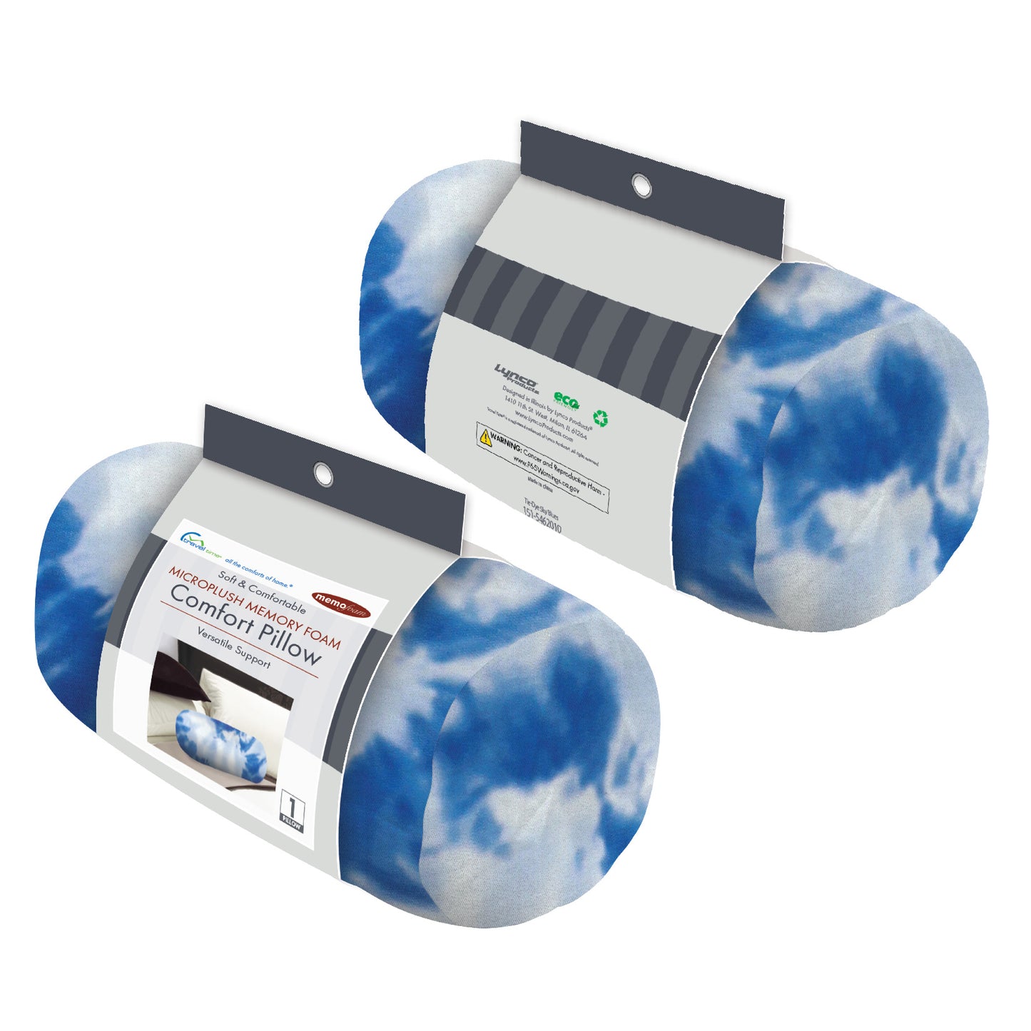 Packaged front and back view of the Memory Foam Roll Travel Pillow in Sky Blue Tie Dye, which is made of ultra-soft blue, light blue, and white tie dye fabric.