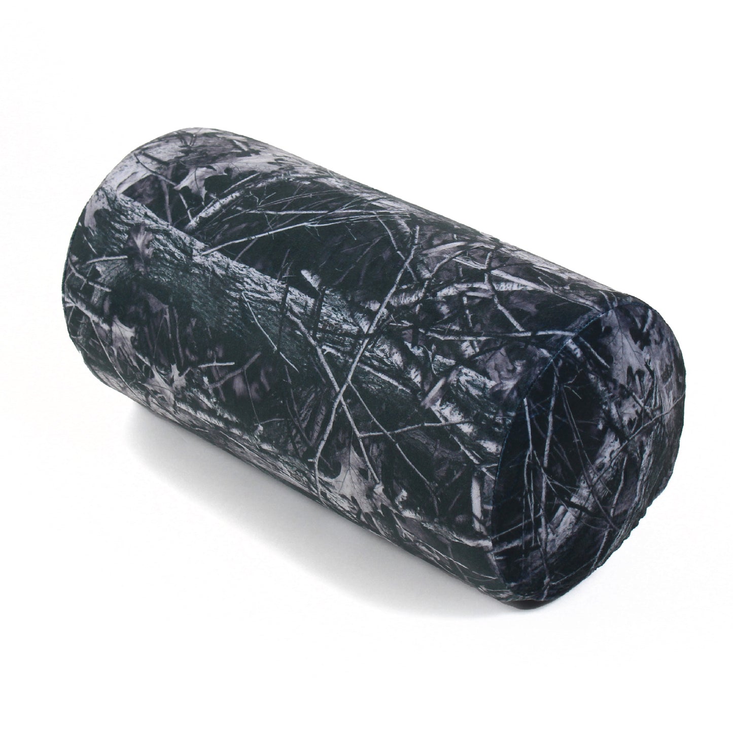Front view of the Memory Foam Roll Travel Pillow in Hunter's Stock Moonshot® Camo, which is made of ultra-soft dark gray, black, and white camo fabric.