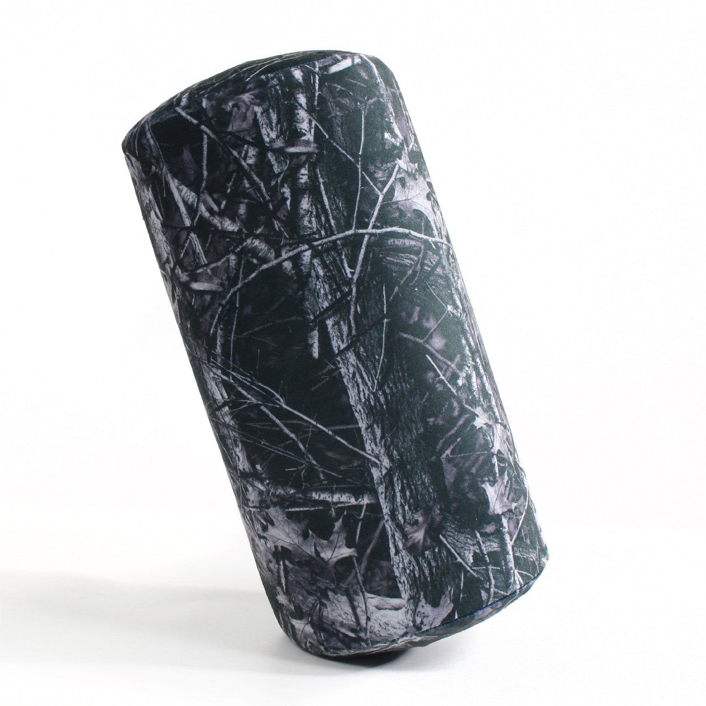 Side view of the Memory Foam Roll Travel Pillow in Hunter's Stock Moonshot® Camo, which is made of ultra-soft dark gray, black, and white camo fabric.