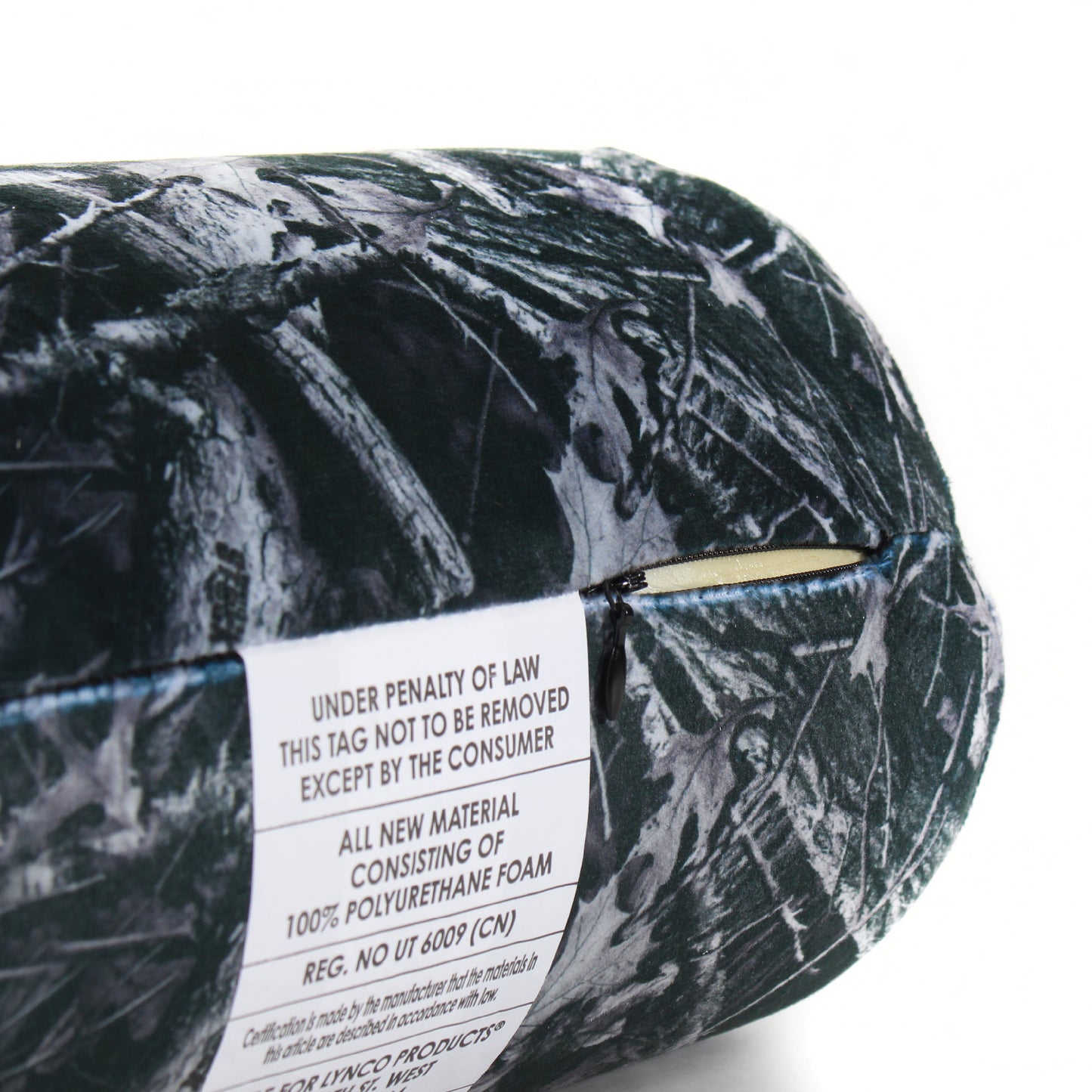 Close up view of the zipper opening on the Memory Foam Roll Travel Pillow in Hunter's Stock Moonshot® Camo, which is exposing the plush interior inside the pillow's cover.