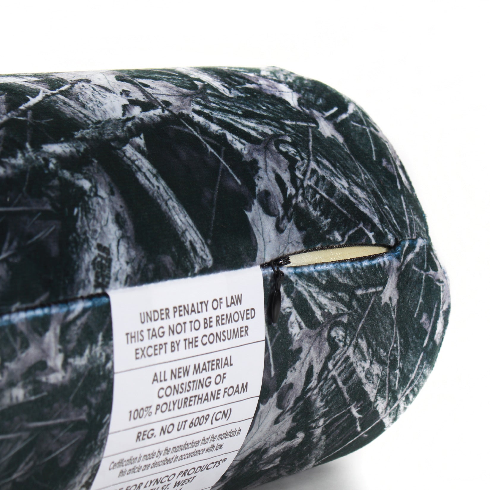 Close up view of the zipper opening on the Memory Foam Roll Travel Pillow in Hunter's Stock Moonshot® Camo, which is exposing the plush interior inside the pillow's cover.