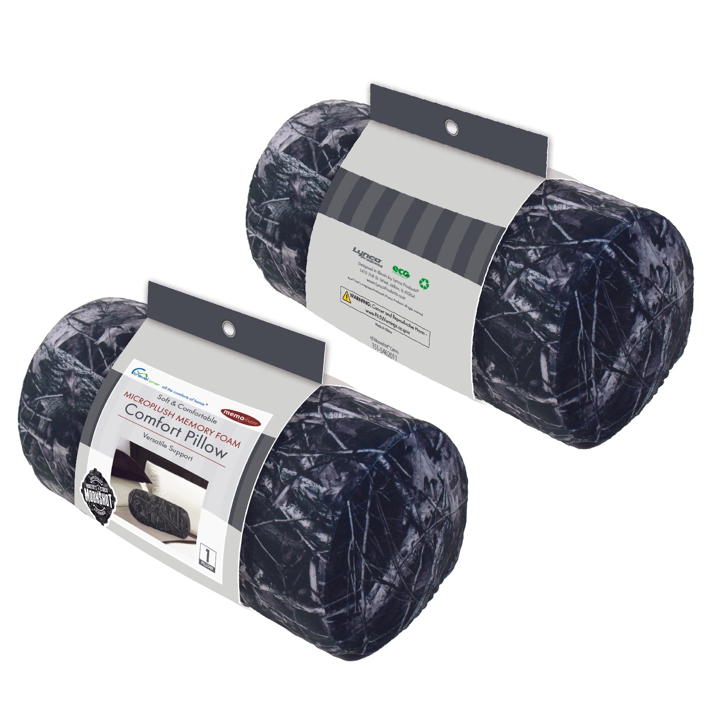Packaged front and back view of the Memory Foam Roll Travel Pillow in Hunter's Stock Moonshot® Camo, which is made of ultra-soft dark gray, black, and white camo fabric.