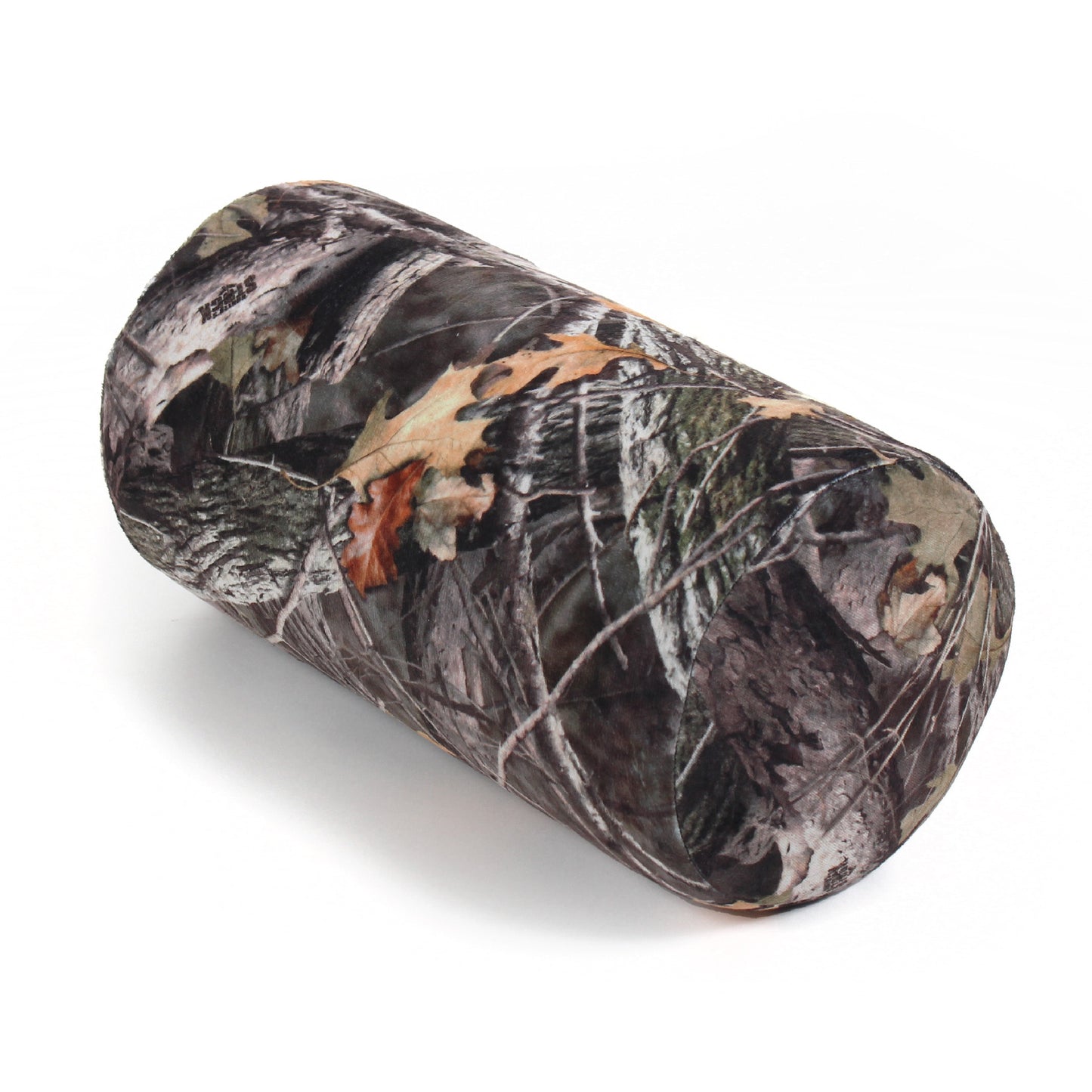 Front view of the Memory Foam Roll Travel Pillow in Hunter's Stock Oneshot® Camo, which is made of ultra-soft brown, tan, green, and gray camo fabric.