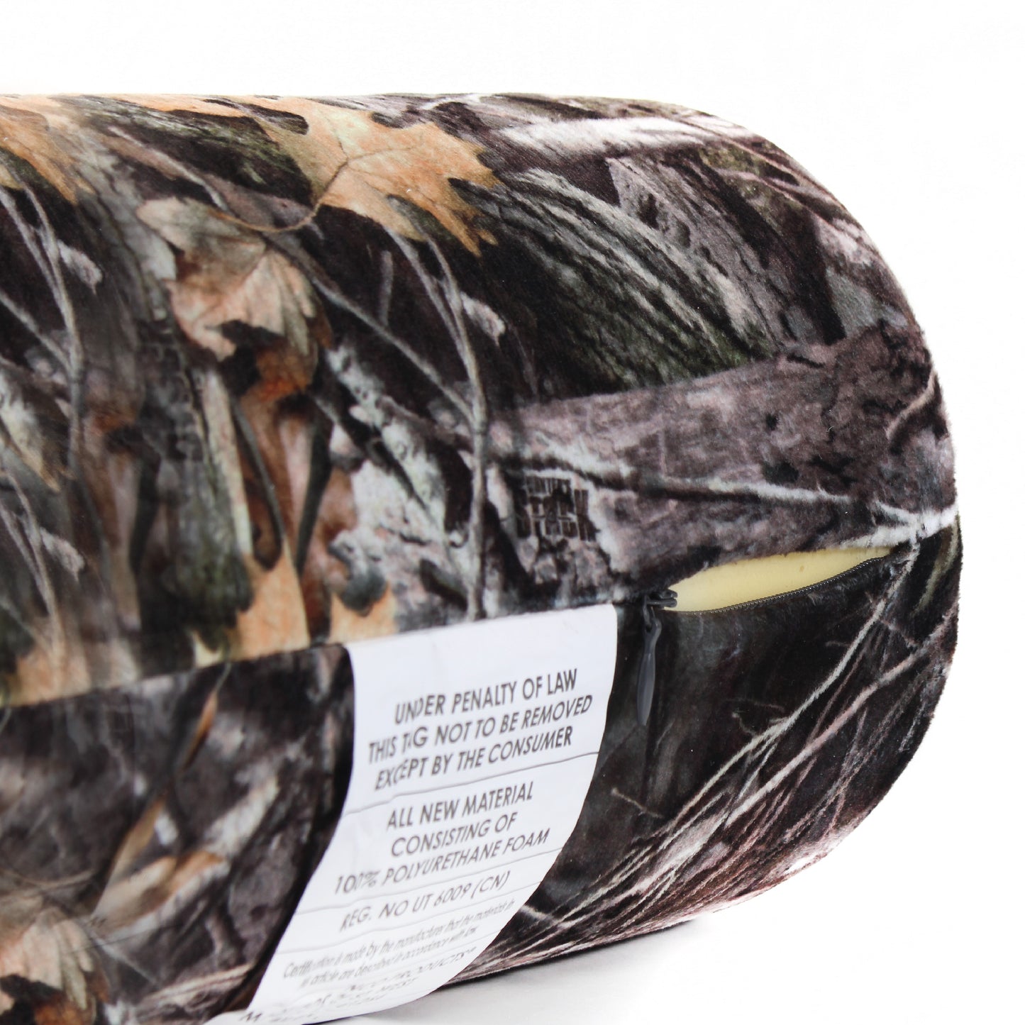 Close up view of the zipper opening on the Memory Foam Roll Travel Pillow in Hunter's Stock Oneshot® Camo, which is exposing the plush interior inside the pillow's cover.