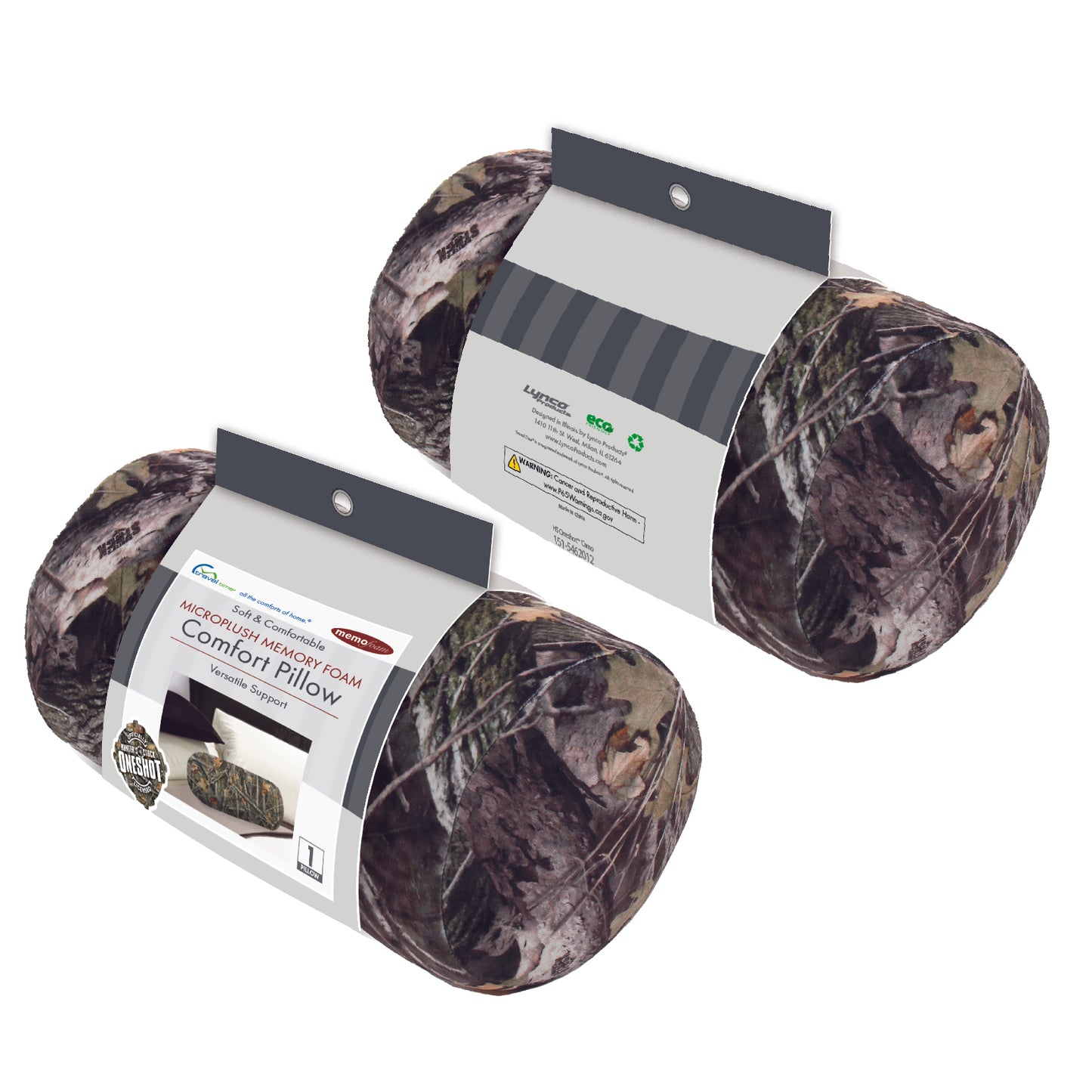 Packaged front and back view of the Memory Foam Roll Travel Pillow in Hunter's Stock Oneshot® Camo, which is made of ultra-soft brown, tan, green, and gray camo fabric.