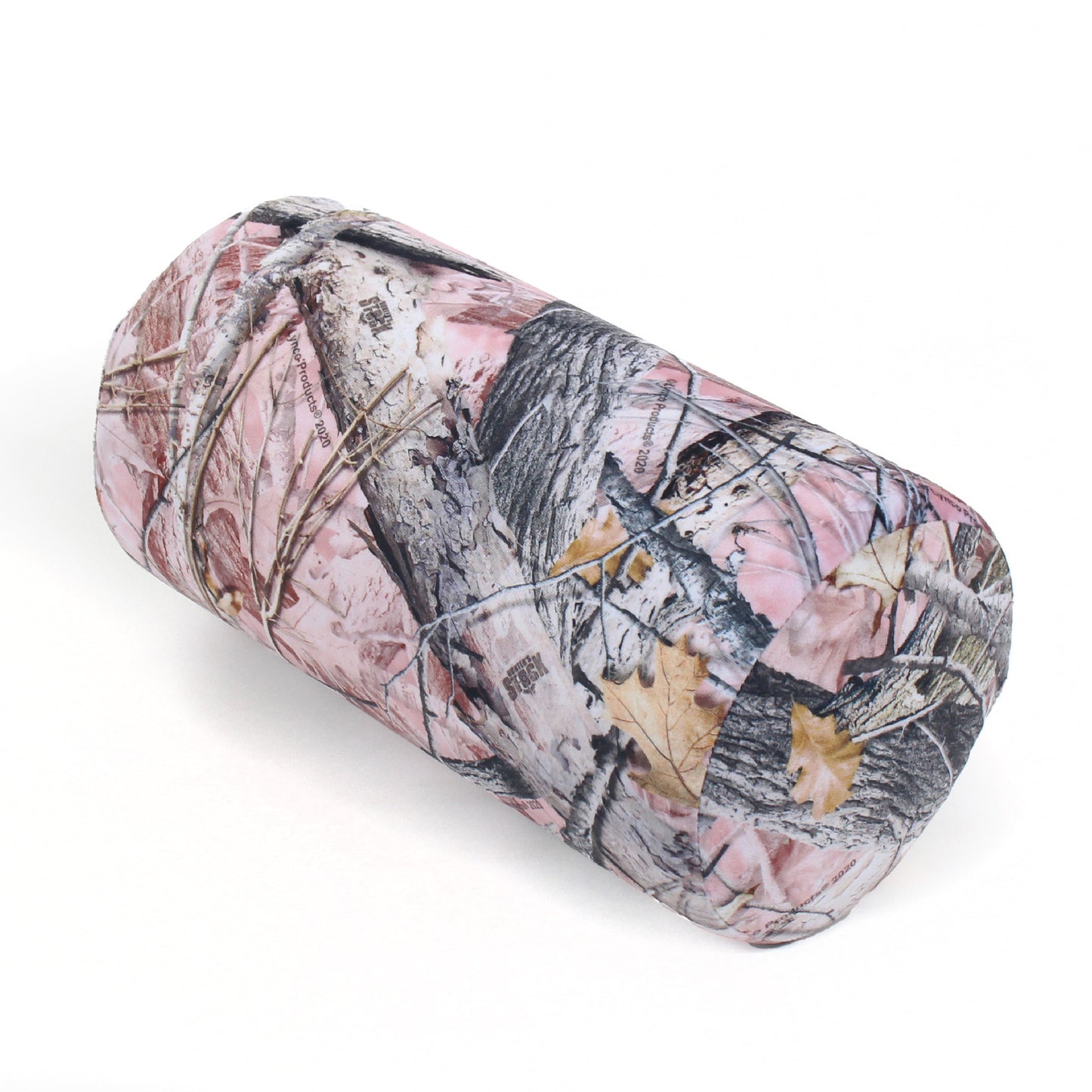 Front view of the Memory Foam Roll Travel Pillow in Hunter's Stock Oneshot® Pink Camo, which is made of ultra-soft pink, tan, green, and gray camo fabric.