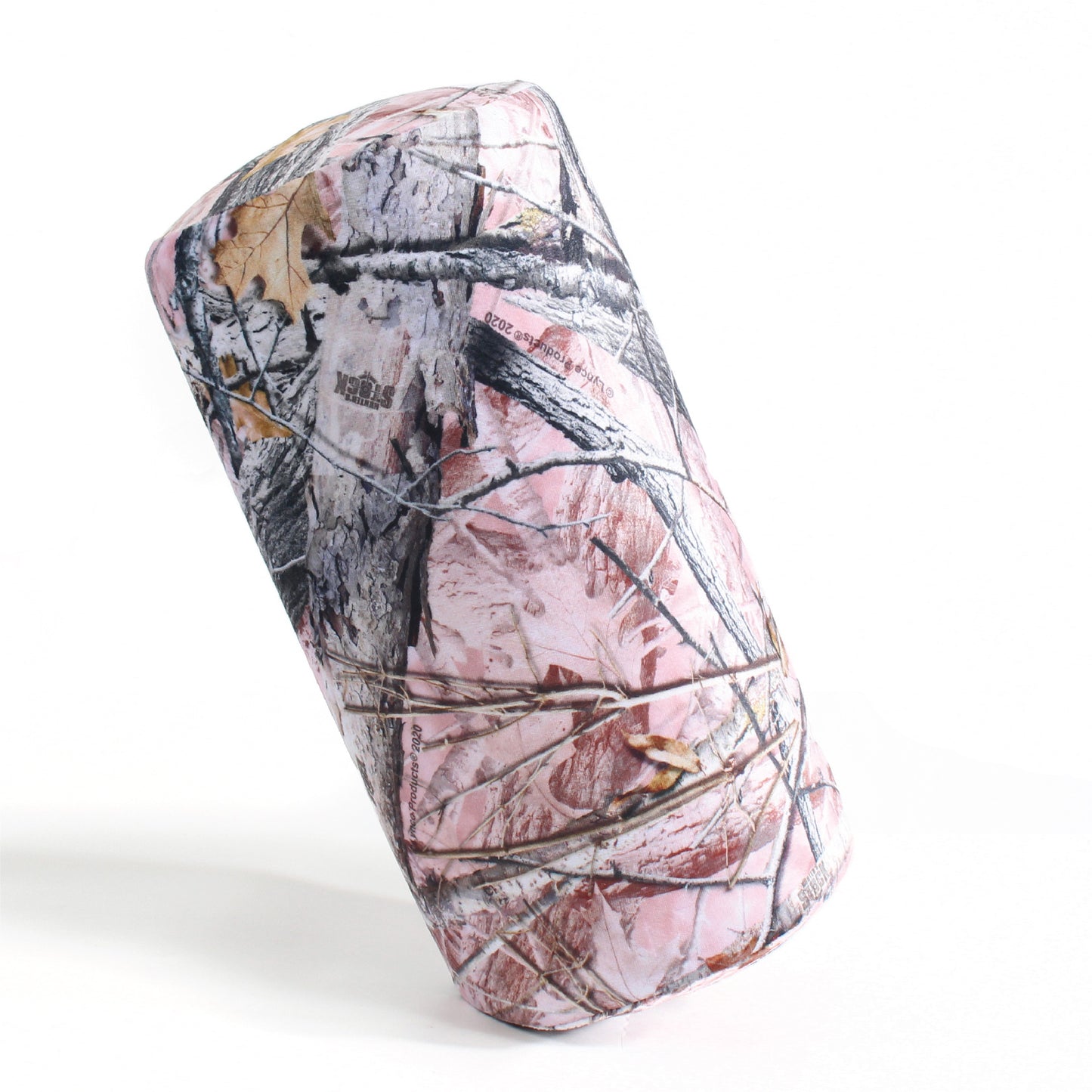 Side view of the Memory Foam Roll Travel Pillow in Hunter's Stock Oneshot® Pink Camo, which is made of ultra-soft pink, tan, green, and gray camo fabric.