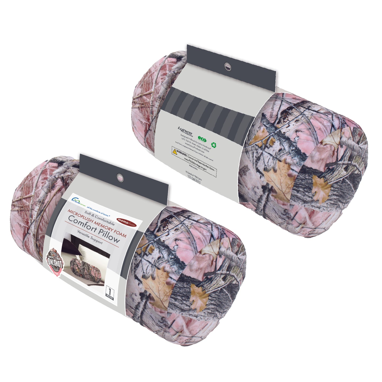Packaged front and back view of the Memory Foam Roll Travel Pillow in Hunter's Stock Oneshot® Pink Camo, which is made of ultra-soft pink, tan, green, and gray camo fabric.