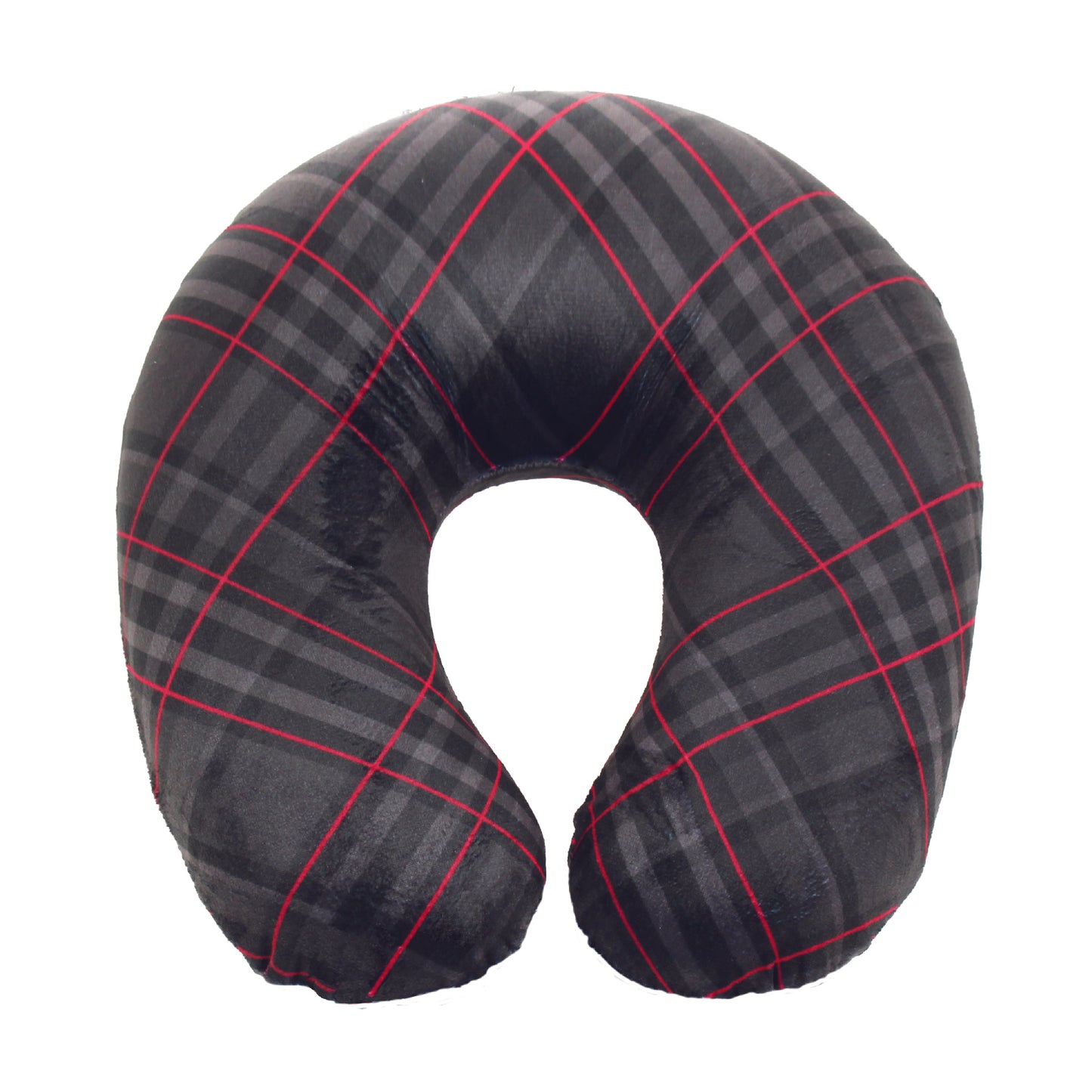 Front view of the Memory Foam Travel Neck Pillow in Black and Red Plaid, which is made of ultra-soft gray, dark gray, black, and red plaid fabric.
