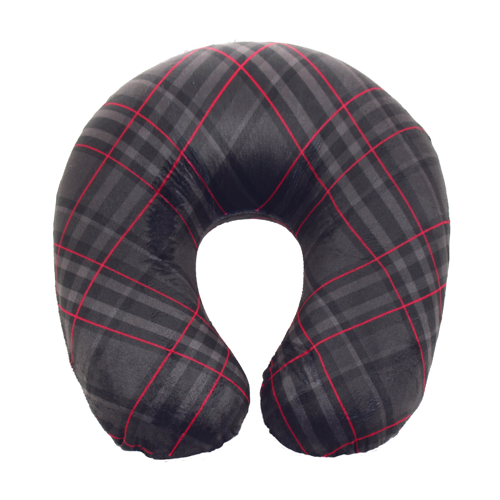 Front view of the Memory Foam Travel Neck Pillow in Black and Red Plaid, which is made of ultra-soft gray, dark gray, black, and red plaid fabric.