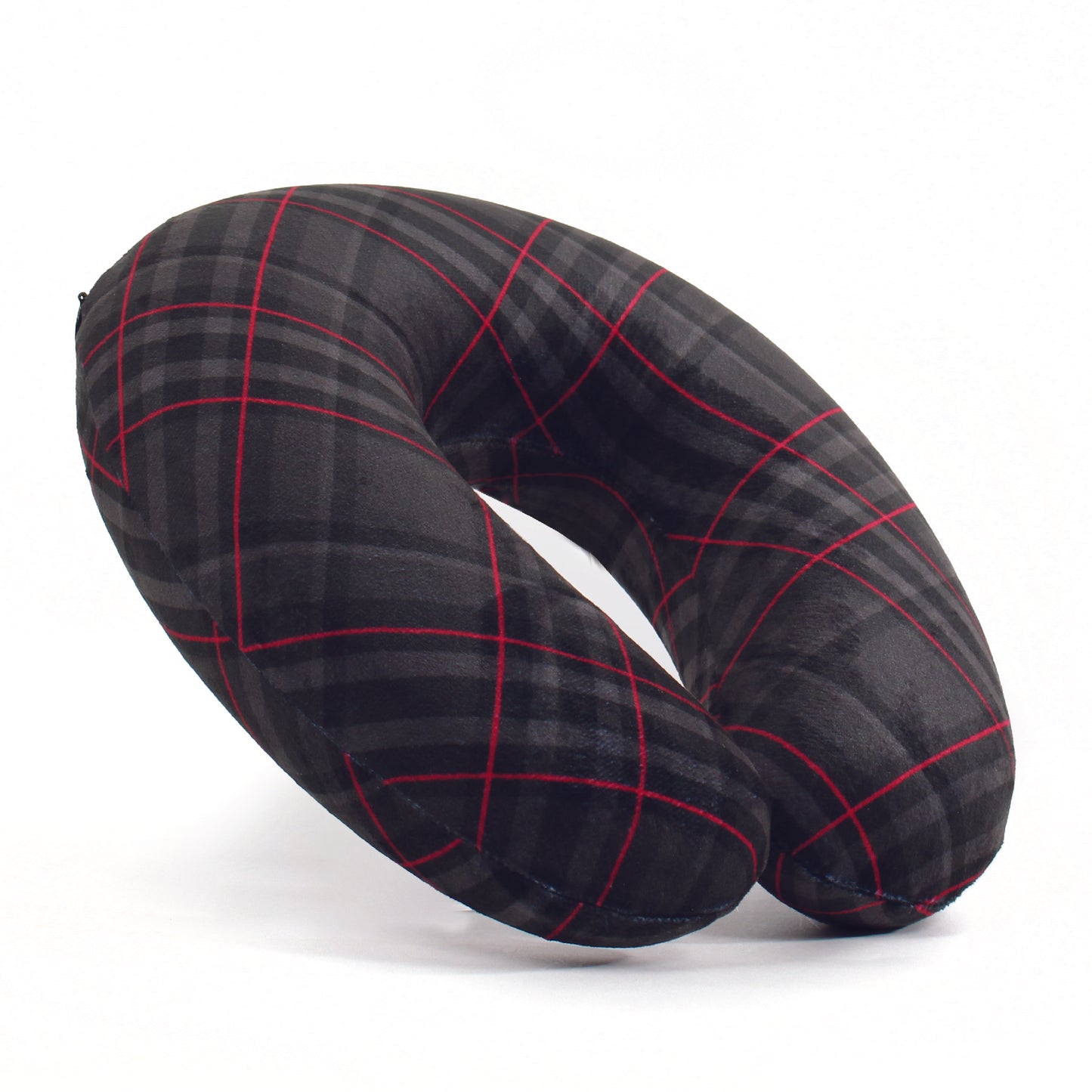 Side view of the Memory Foam Travel Neck Pillow in Black and Red Plaid, which is made of ultra-soft gray, dark gray, black, and red plaid fabric.
