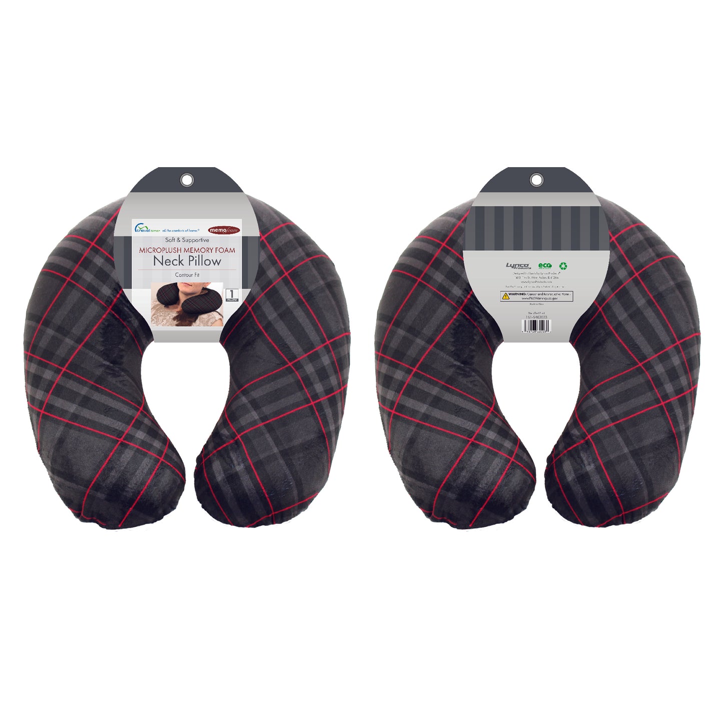 Packaged view of the Memory Foam Travel Neck Pillow in Black and Red Plaid, which is made of ultra-soft gray, dark gray, black, and red plaid fabric.
