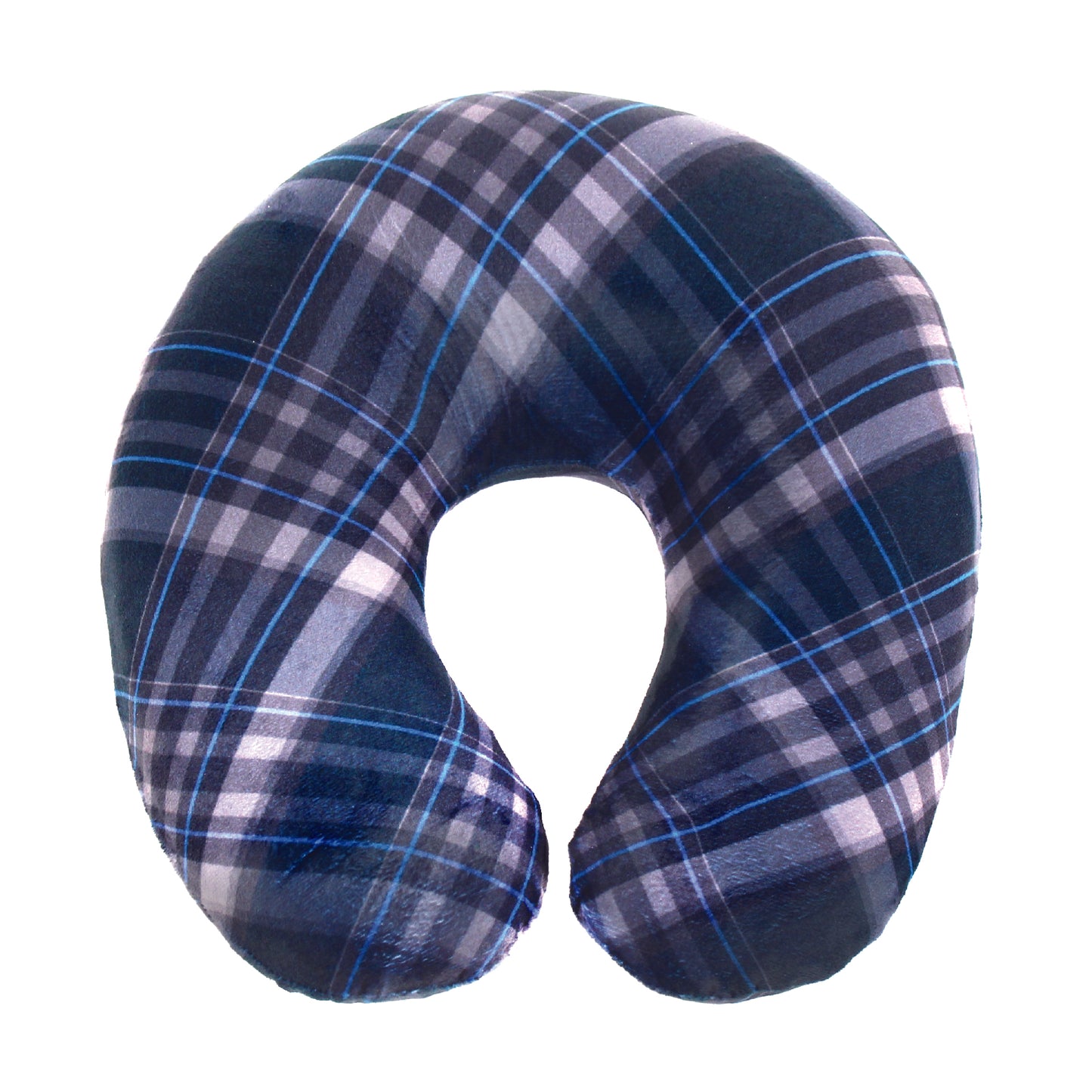 Front view of the Memory Foam Travel Neck Pillow in Navy Plaid, which is made of ultra-soft blue, white, and gray plaid fabric.