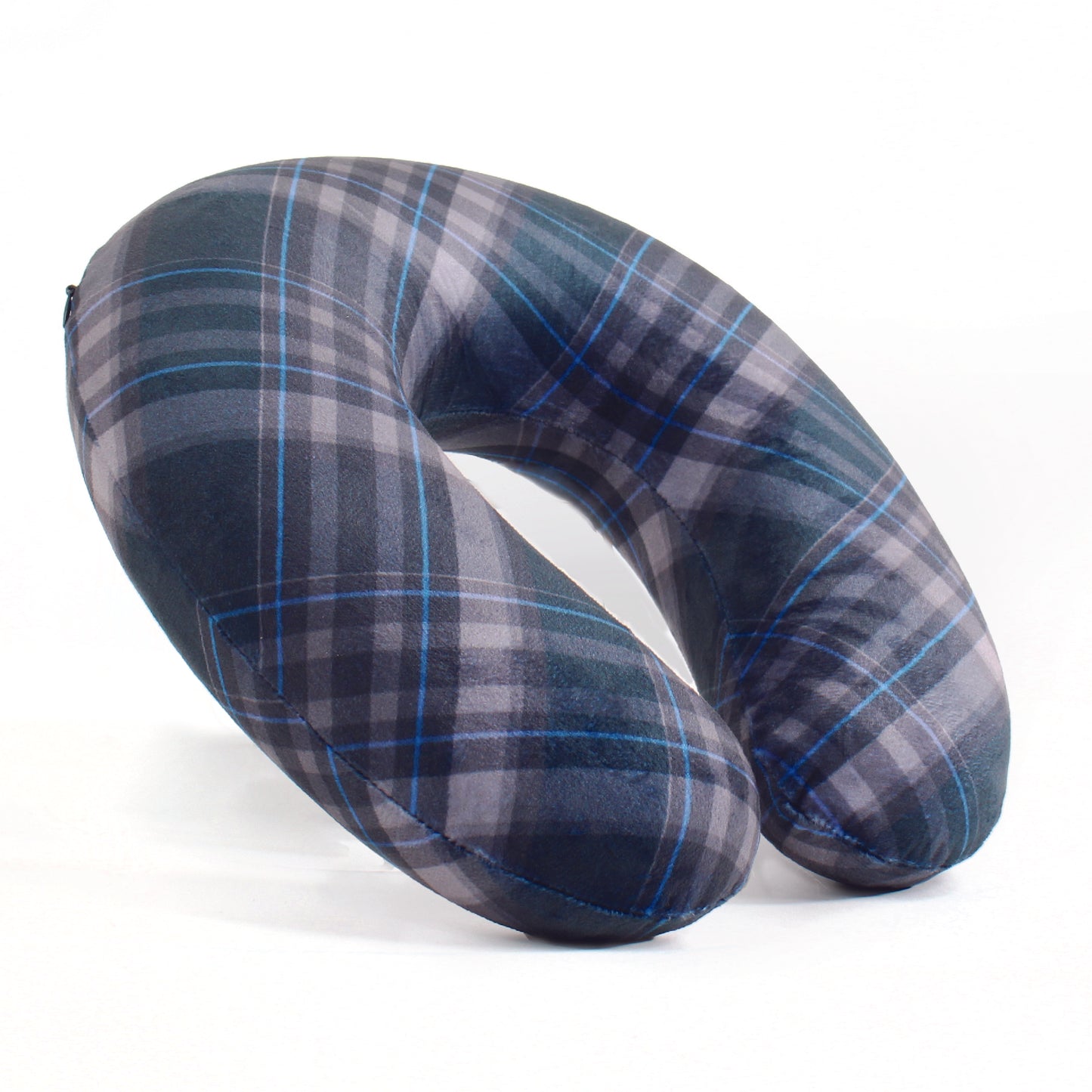 Side view of the Memory Foam Travel Neck Pillow in Navy Plaid, which is made of ultra-soft blue, white, and gray plaid fabric.