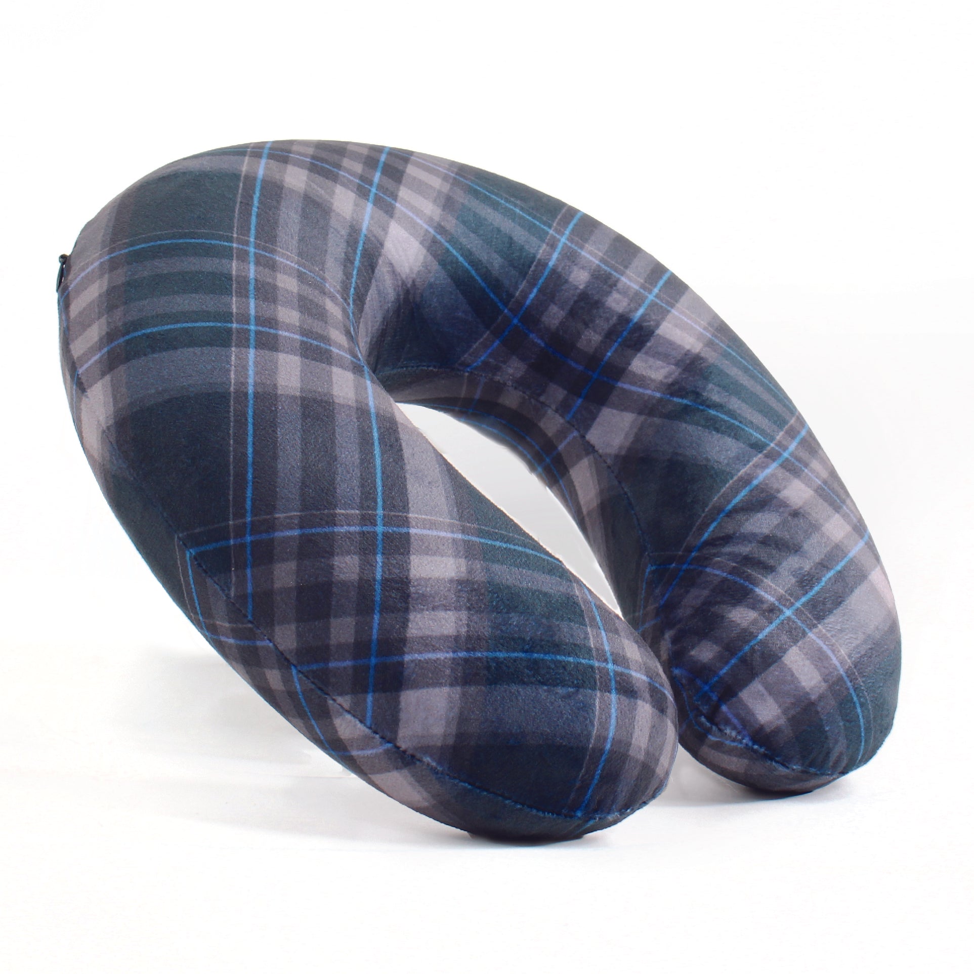 Side view of the Memory Foam Travel Neck Pillow in Navy Plaid, which is made of ultra-soft blue, white, and gray plaid fabric.