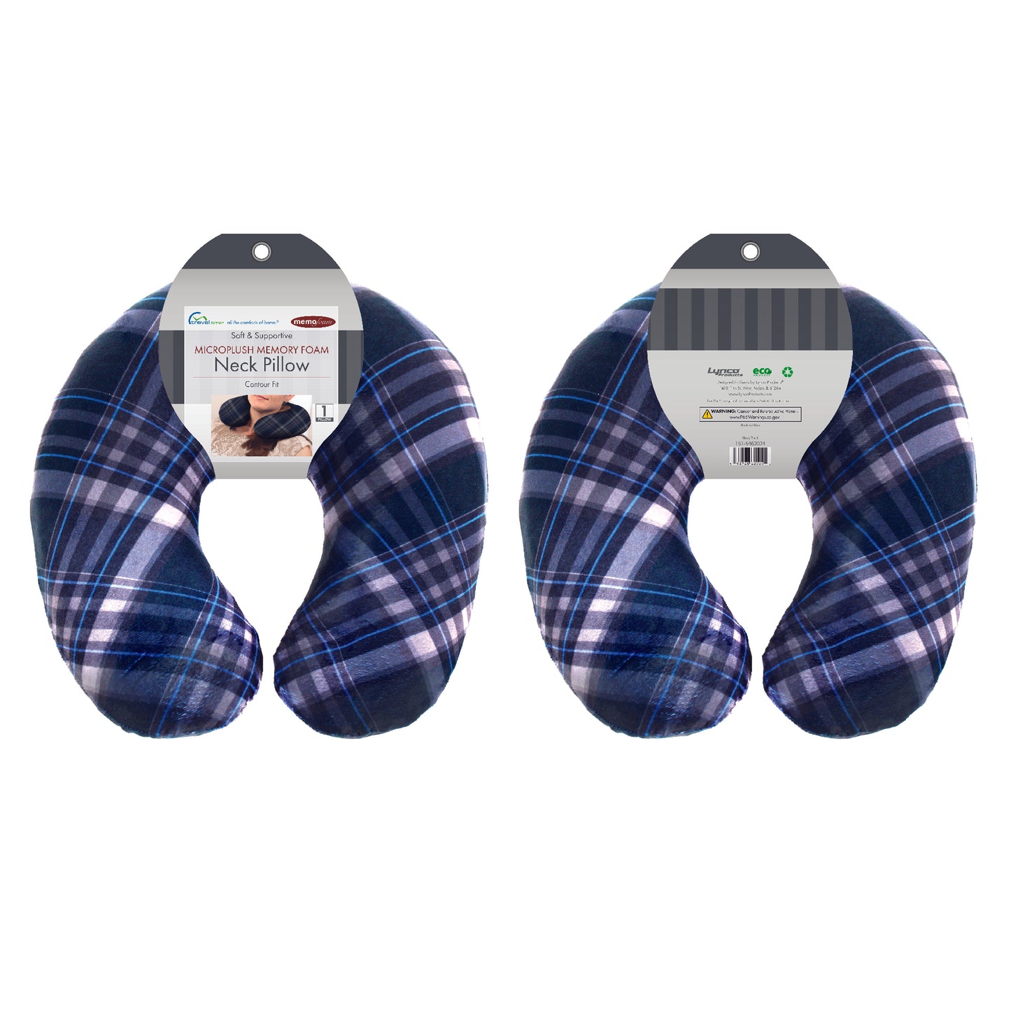 Packaged front and back view of the Memory Foam Travel Neck Pillow in Navy Plaid, which is made of ultra-soft blue, white, and gray plaid fabric.