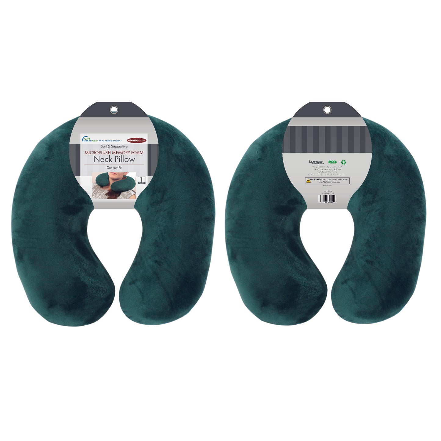 Packaged front and back view of the Memory Foam Travel Neck Pillow in Hunter Green, which is made of ultra-soft dark green fabric.