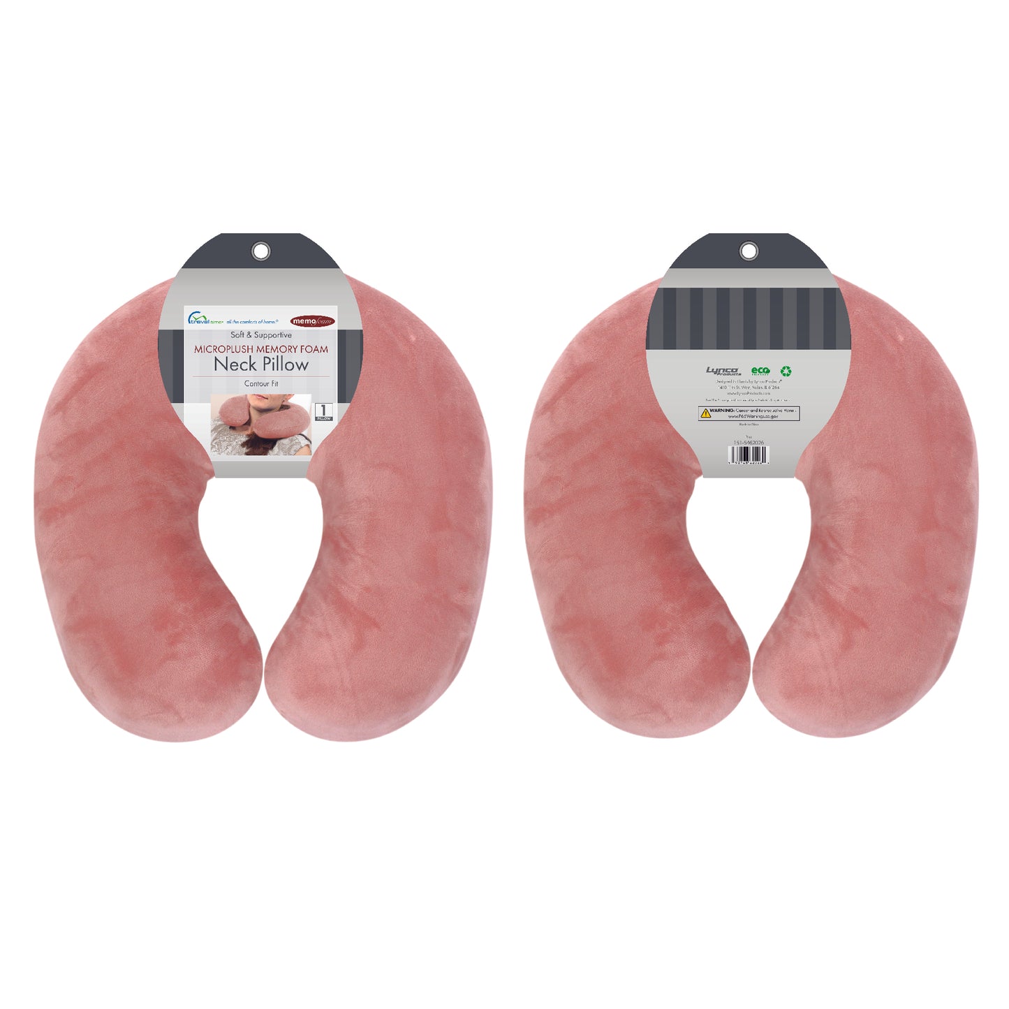 Packaged front and back view of the Memory Foam Travel Neck Pillow in Pink, which is made of ultra-soft light pink fabric.