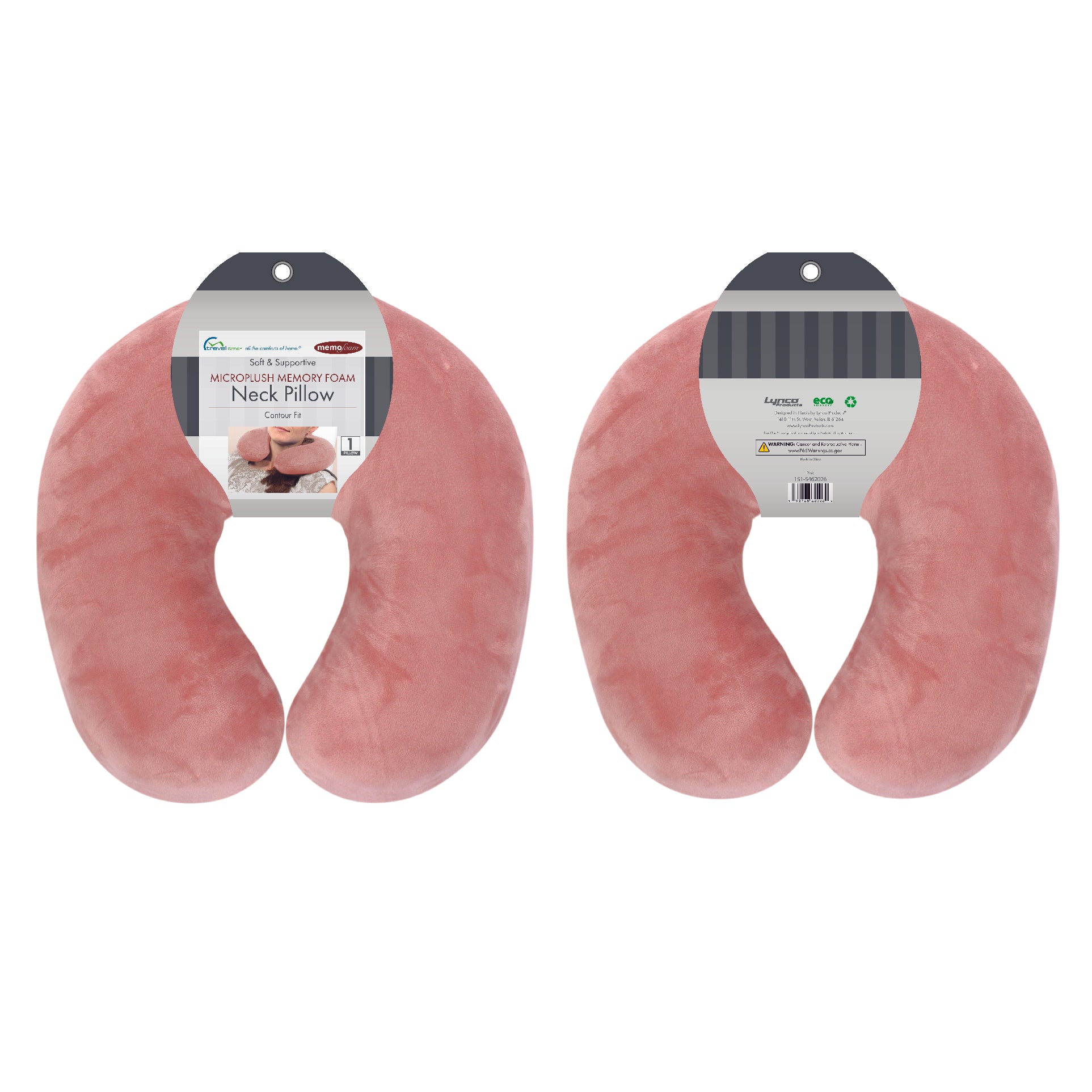 Packaged front and back view of the Memory Foam Travel Neck Pillow in Pink, which is made of ultra-soft light pink fabric.