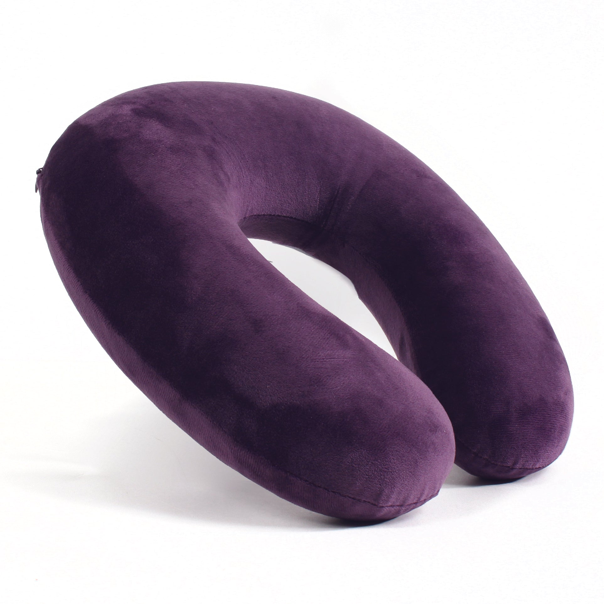 Side view of the Memory Foam Travel Neck Pillow in Purple, which is made of ultra-soft dark purple fabric.
