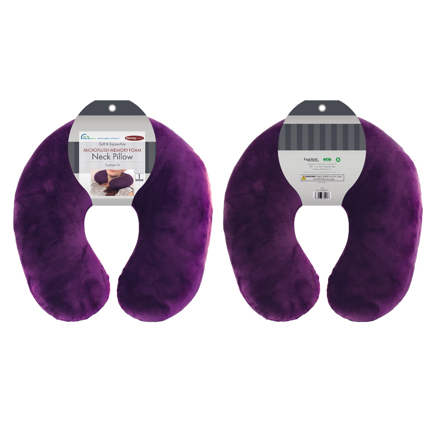 Packaged front and back view of the Memory Foam Travel Neck Pillow in Purple, which is made of ultra-soft dark purple fabric.