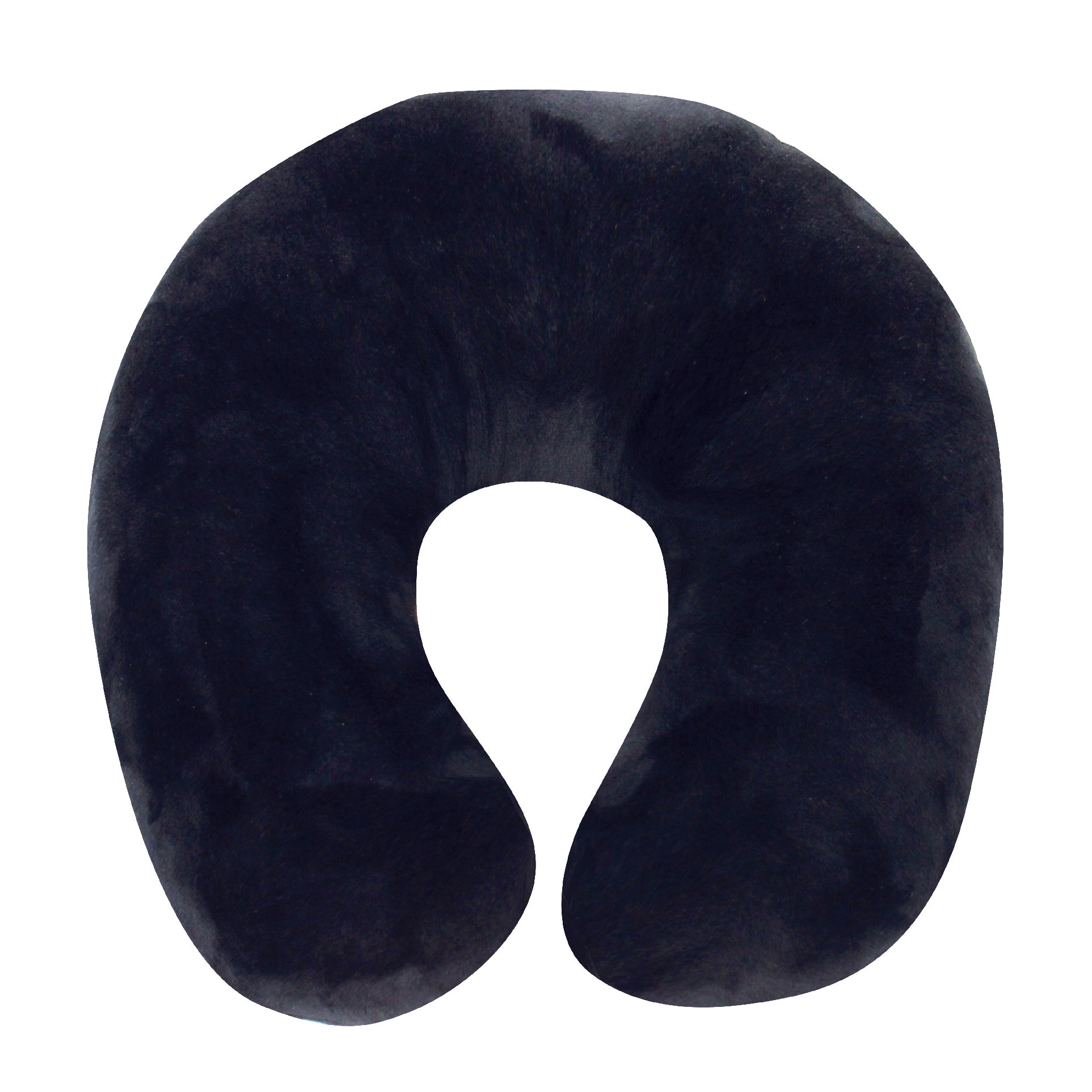 Front view of the Memory Foam Travel Neck Pillow in Black, which is made of ultra-soft dark black fabric.