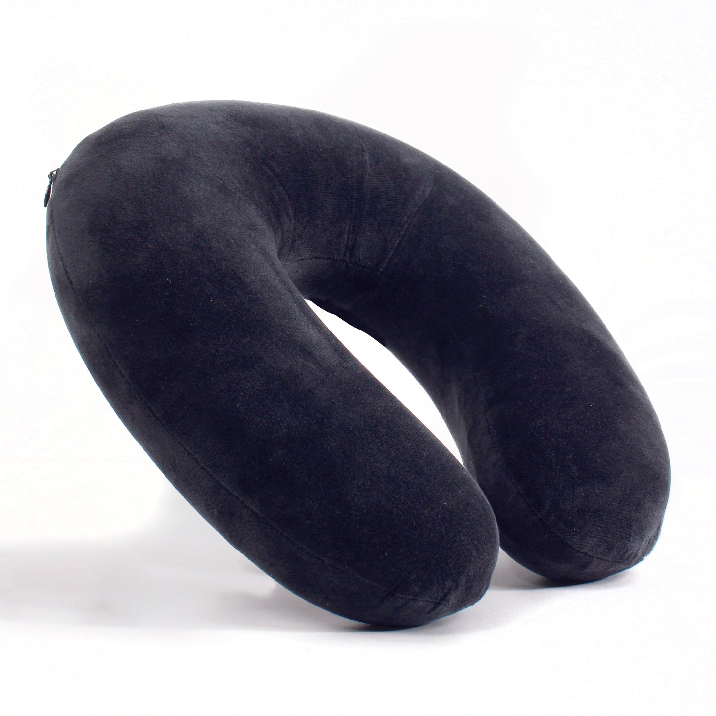 Side view of the Memory Foam Travel Neck Pillow in Black, which is made of ultra-soft dark black fabric.