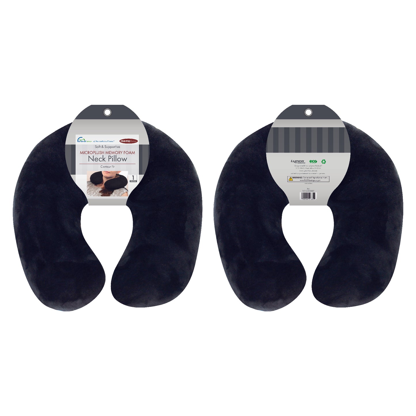 Packaged front and back view of the Memory Foam Travel Neck Pillow in Black, which is made of ultra-soft dark black fabric.