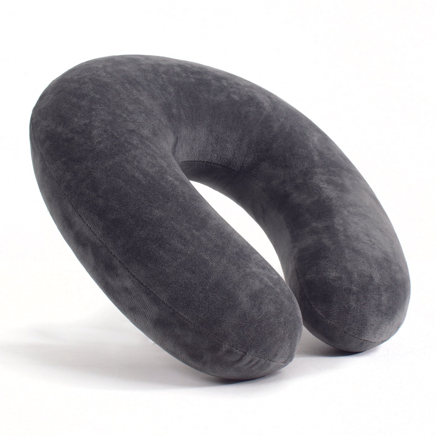 Side view of the Memory Foam Travel Neck Pillow in Gray, which is made of ultra-soft light gray fabric.