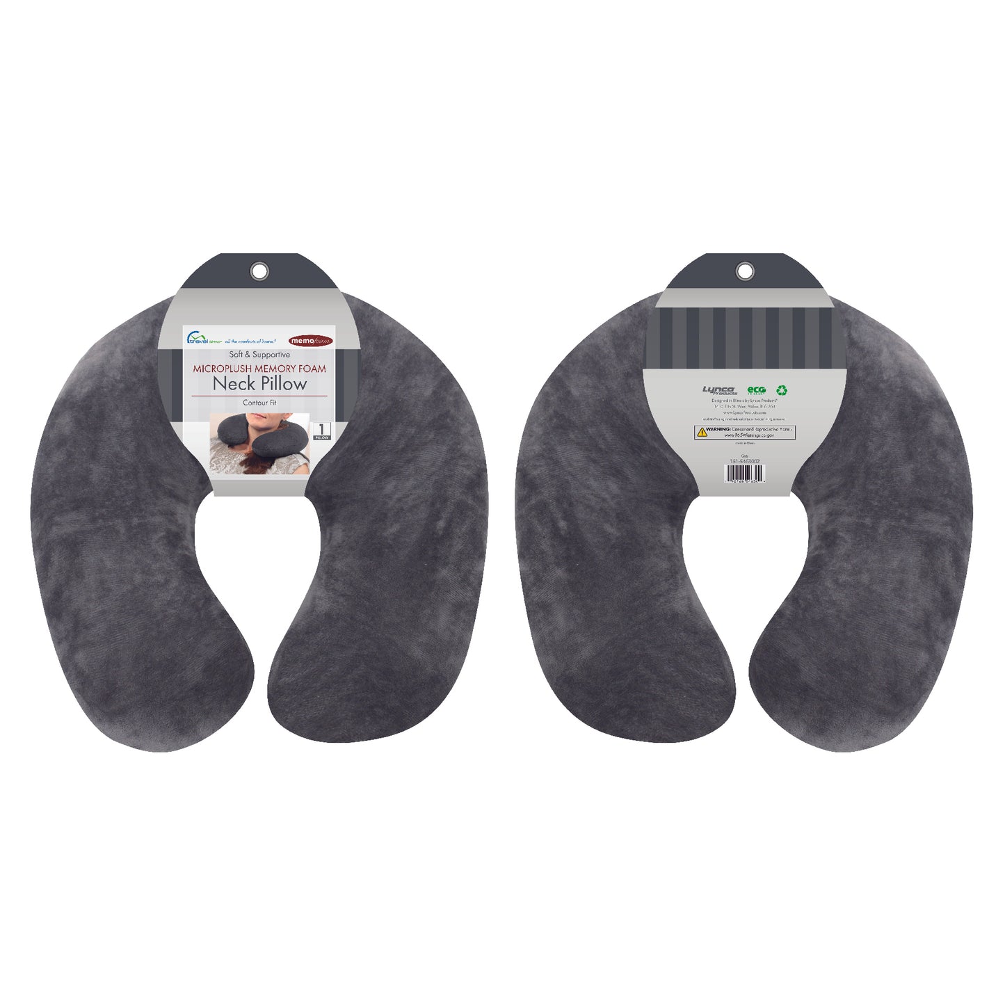 Packaged front and back view of the Memory Foam Travel Neck Pillow in Gray, which is made of ultra-soft light gray fabric.