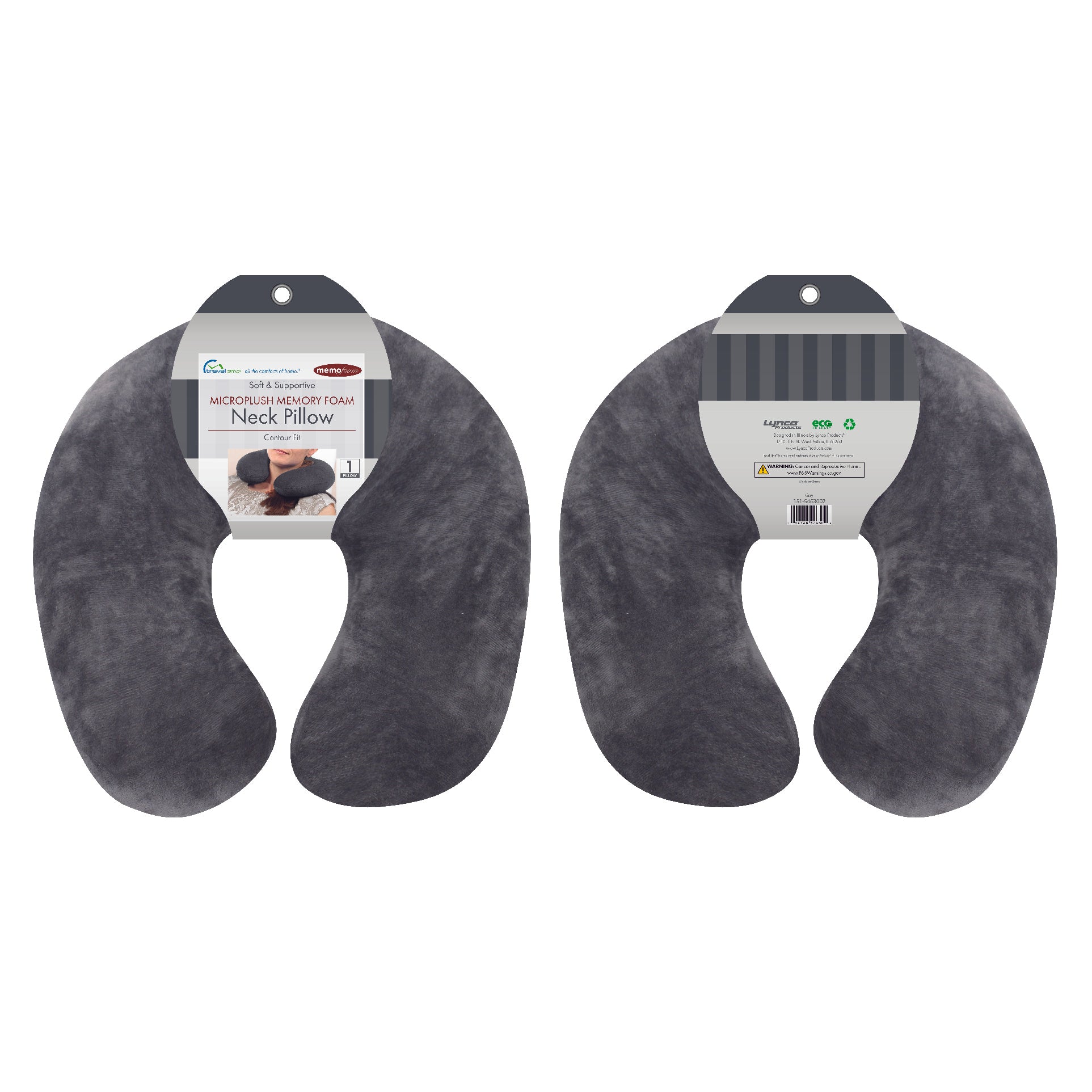 Packaged front and back view of the Memory Foam Travel Neck Pillow in Gray, which is made of ultra-soft light gray fabric.