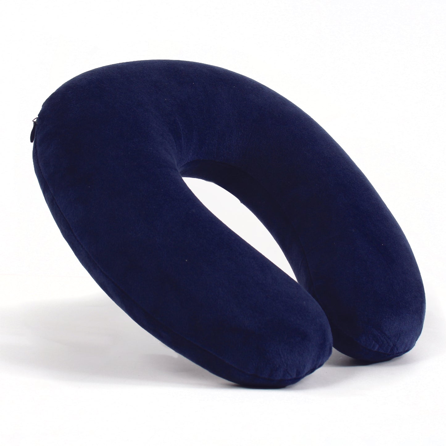 Side view of the Memory Foam Travel Neck Pillow in Navy, which is made of ultra-soft dark navy fabric.
