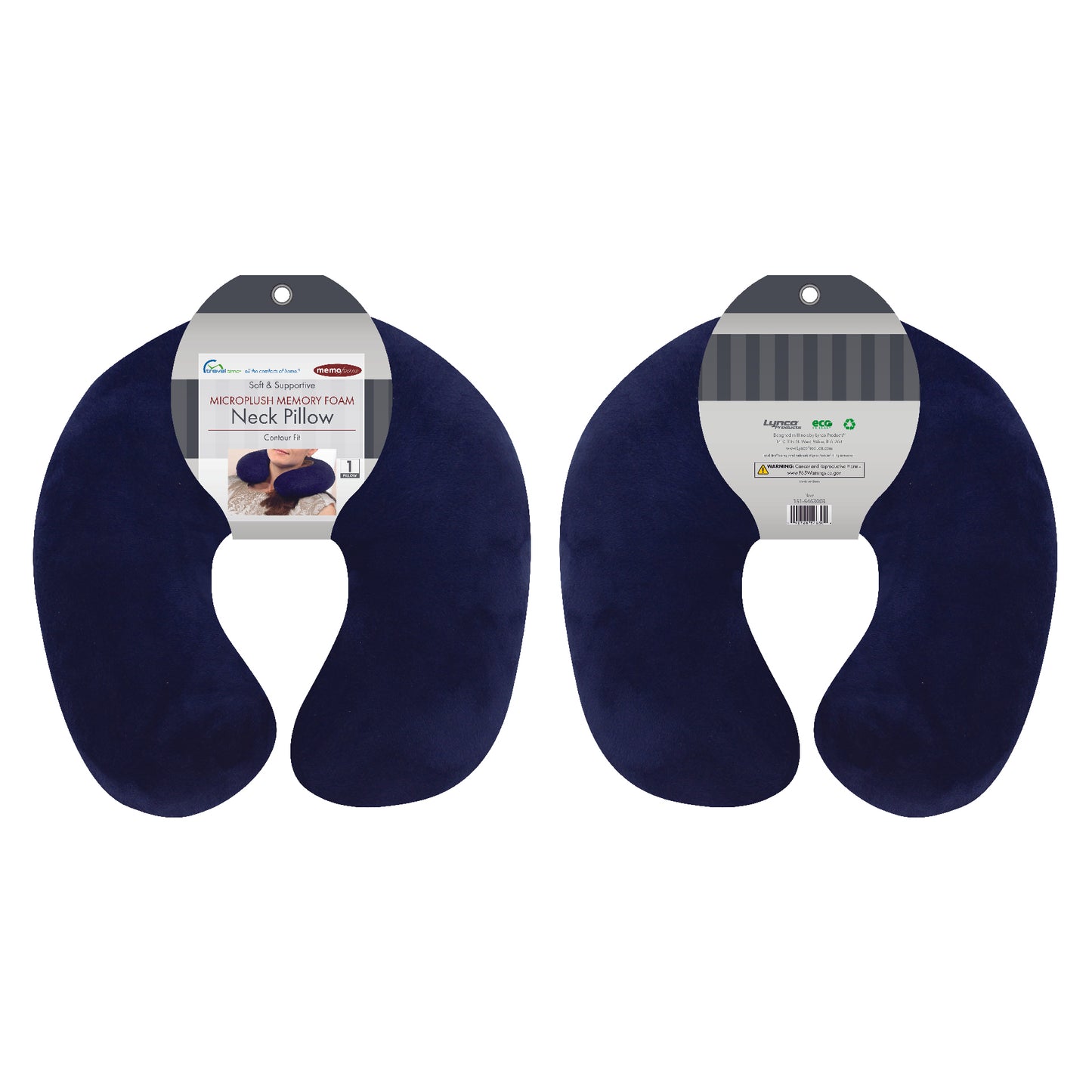 Packaged front and back view of the Memory Foam Travel Neck Pillow in Navy, which is made of ultra-soft dark navy fabric.