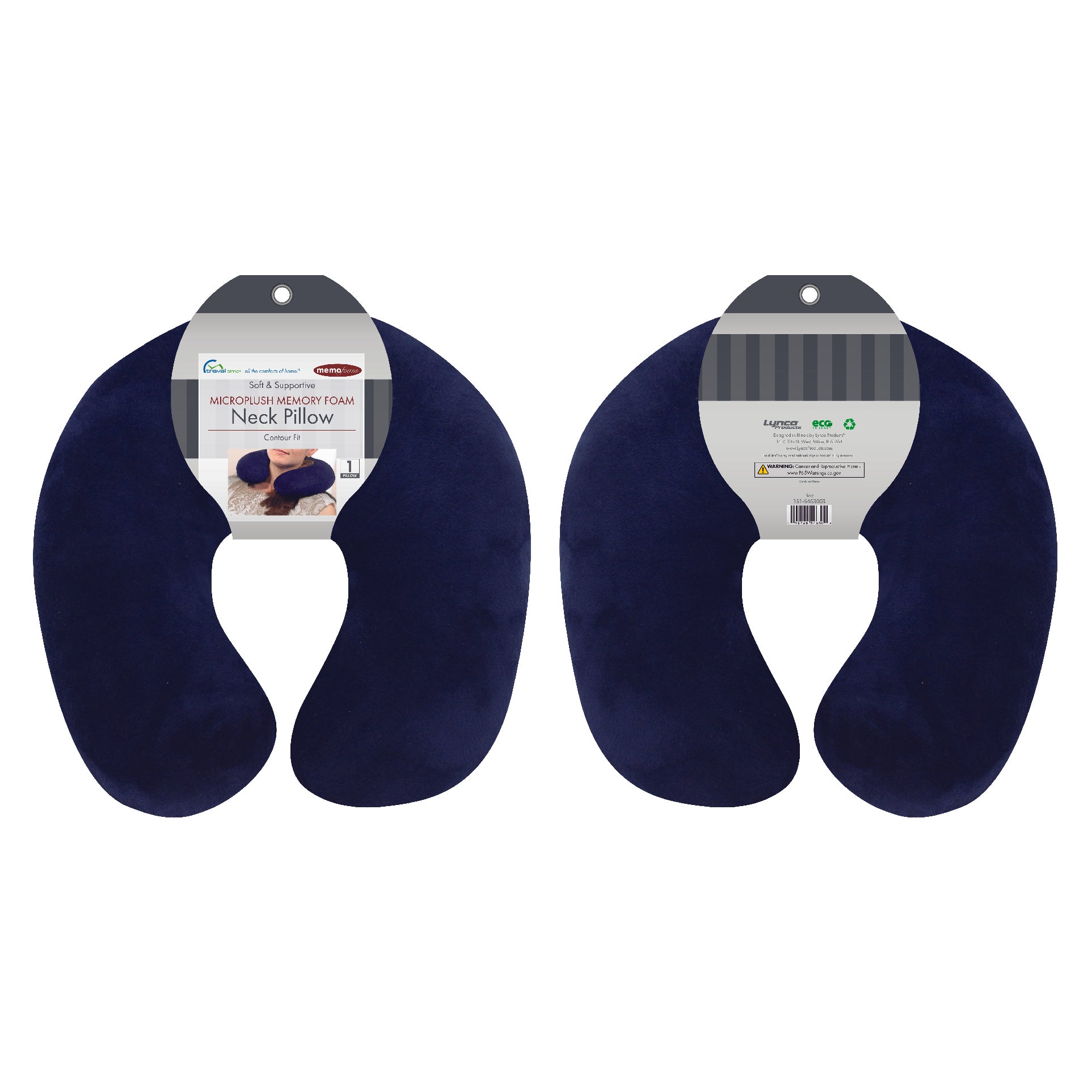 Packaged front and back view of the Memory Foam Travel Neck Pillow in Navy, which is made of ultra-soft dark navy fabric.