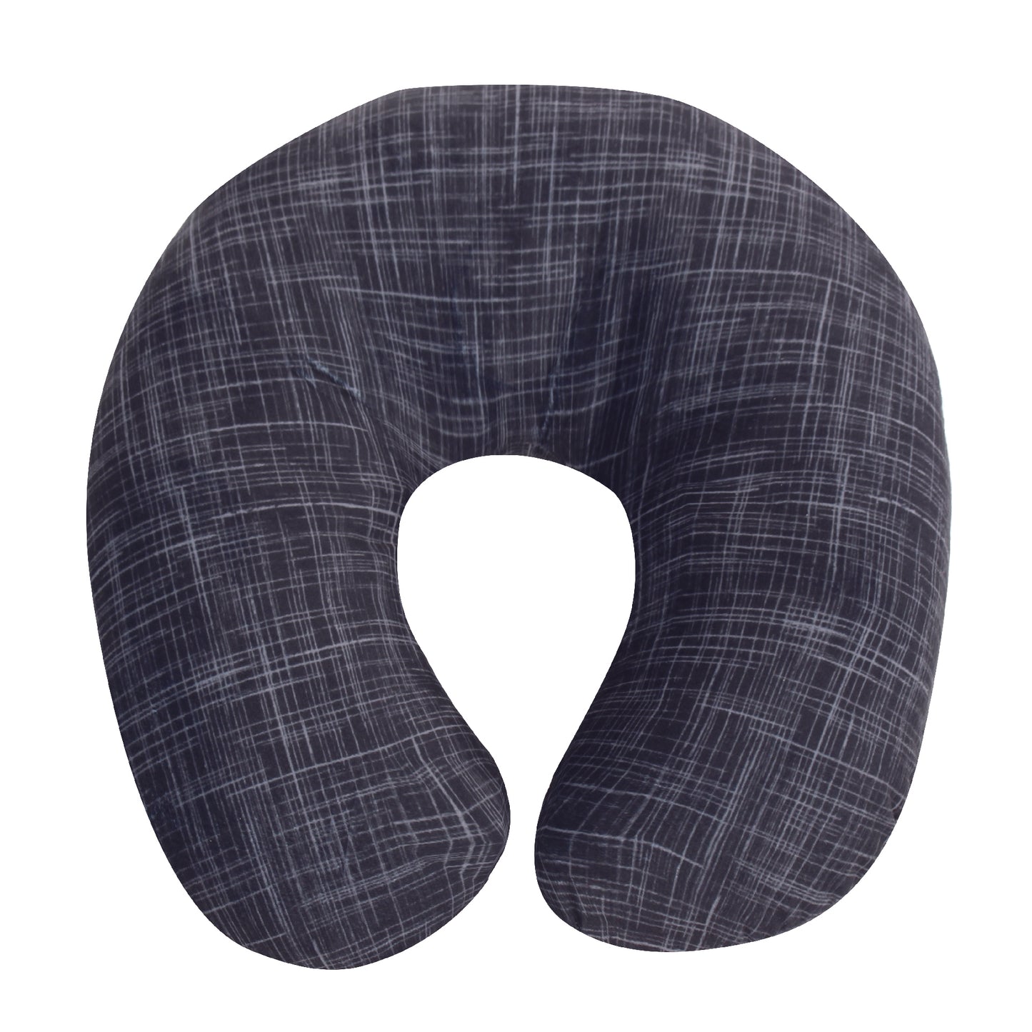 Front view of the Memory Foam Travel Neck Pillow in Black Hatch, which is made of ultra-soft black, gray, and white cross-hatch fabric.