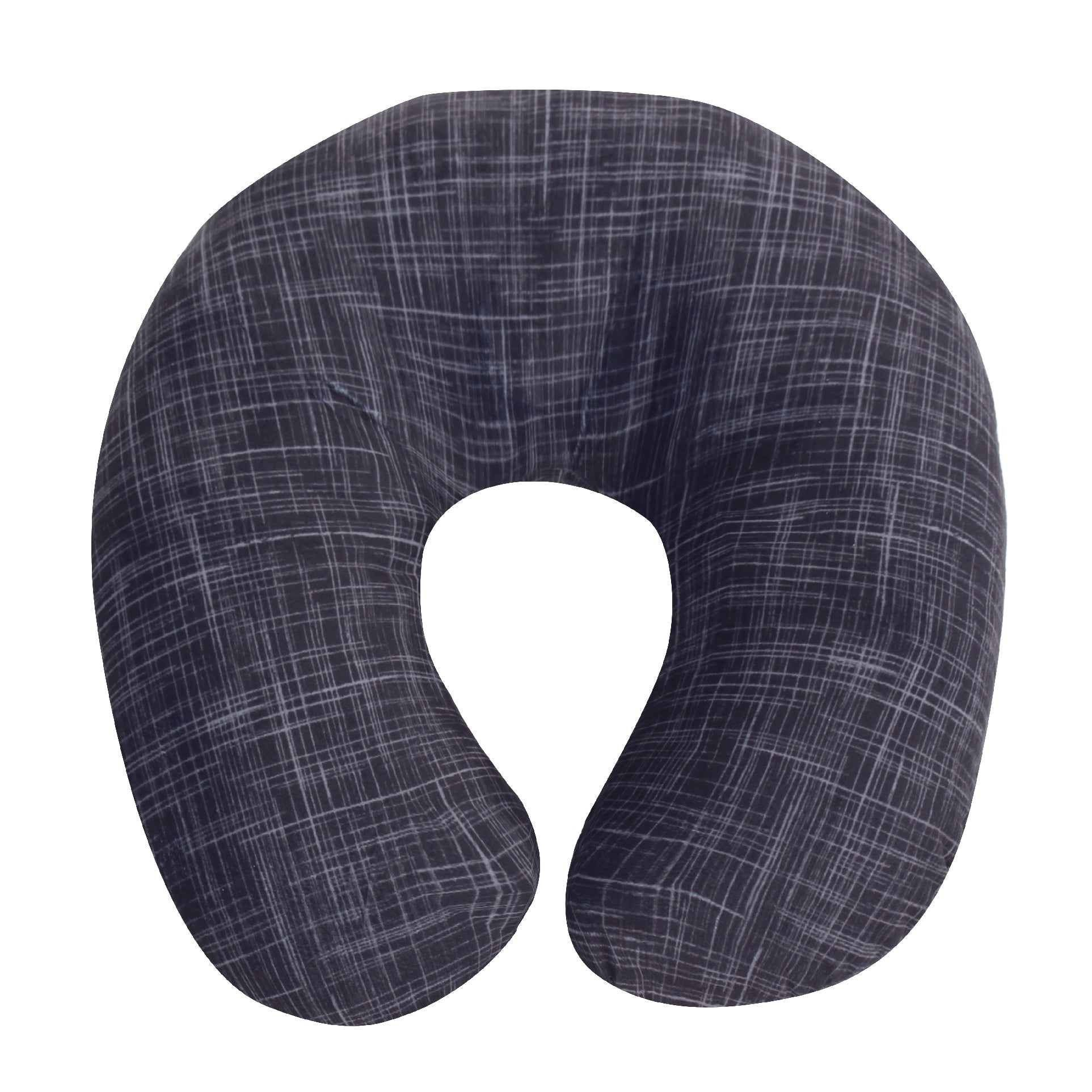 Front view of the Memory Foam Travel Neck Pillow in Black Hatch, which is made of ultra-soft black, gray, and white cross-hatch fabric.