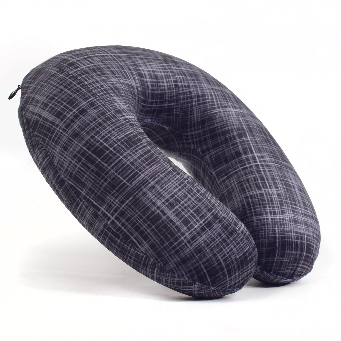 Side view of the Memory Foam Travel Neck Pillow in Black Hatch, which is made of ultra-soft black, gray, and white cross-hatch fabric.