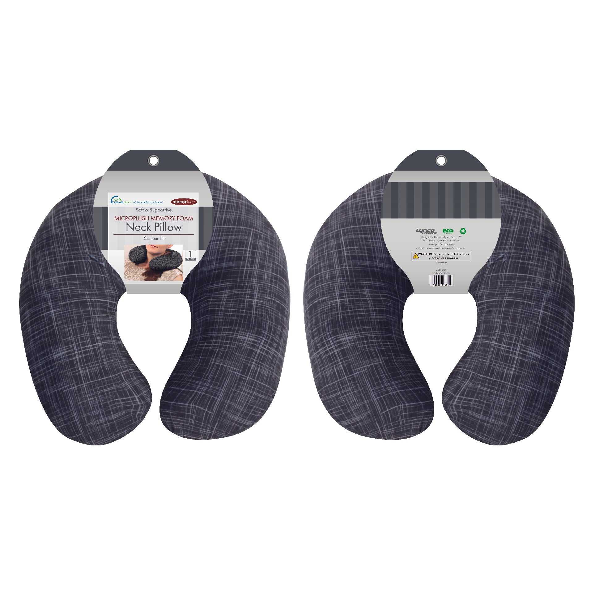 Packaged front and back view of the Memory Foam Travel Neck Pillow in Black Hatch, which is made of ultra-soft black, gray, and white cross-hatch fabric.