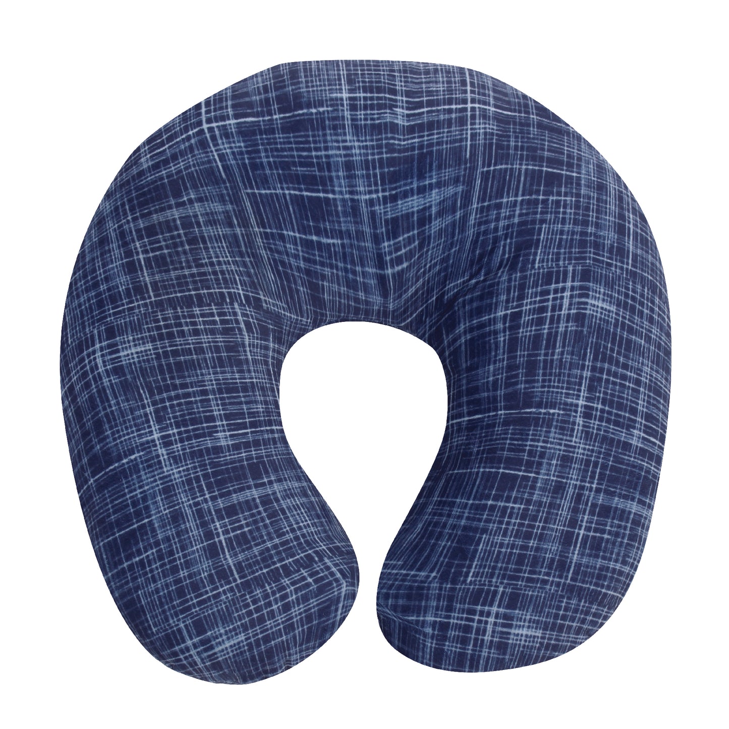 Front view of the Memory Foam Travel Neck Pillow in Navy Hatch, which is made of ultra-soft navy, blue, and white cross-hatch fabric.